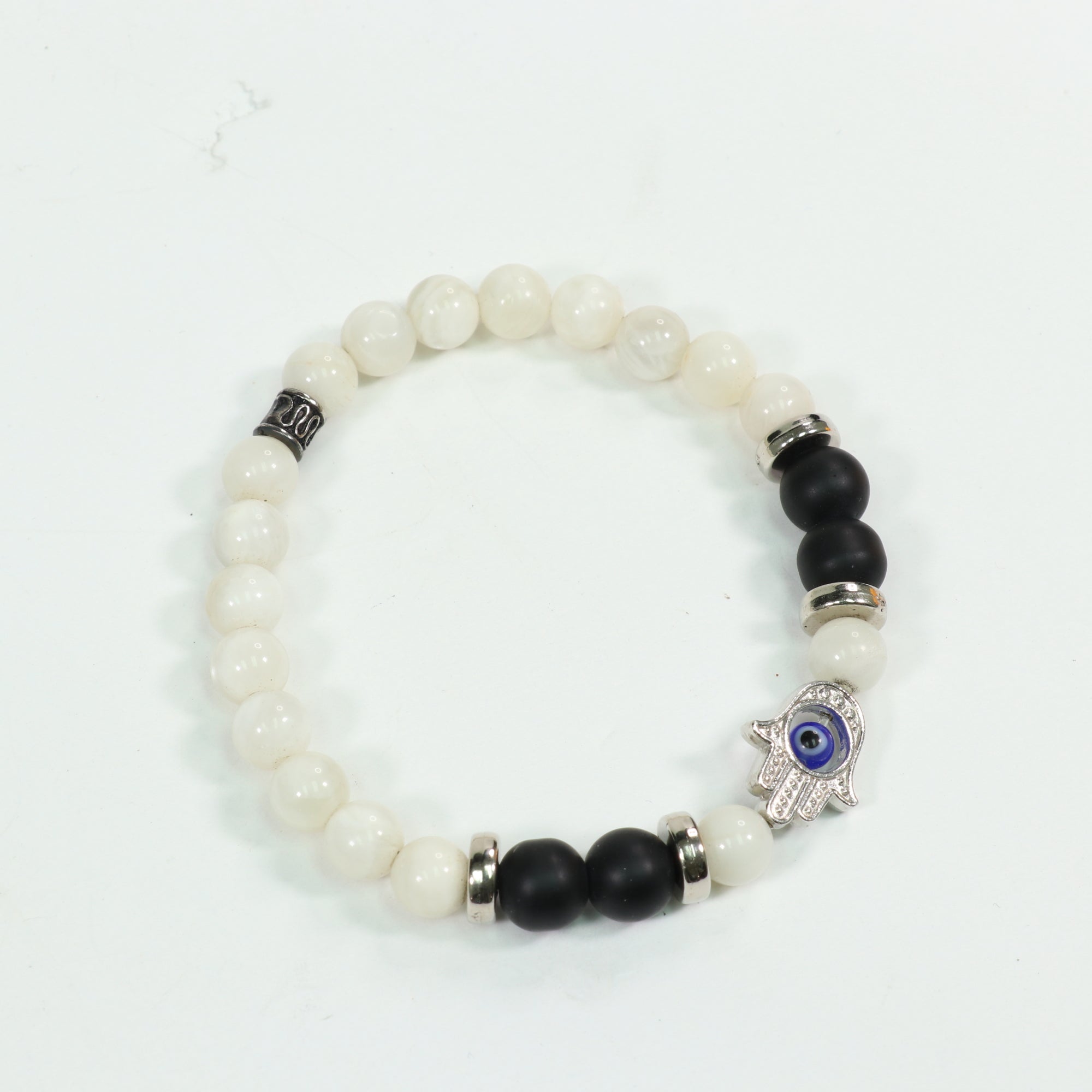 Moon Stone & FrostedOnyx Bracelet, with Hamsa Hand Alloy, with Evil Eye, Silver Color, 8mm, 5 Pieces in a Pack #455