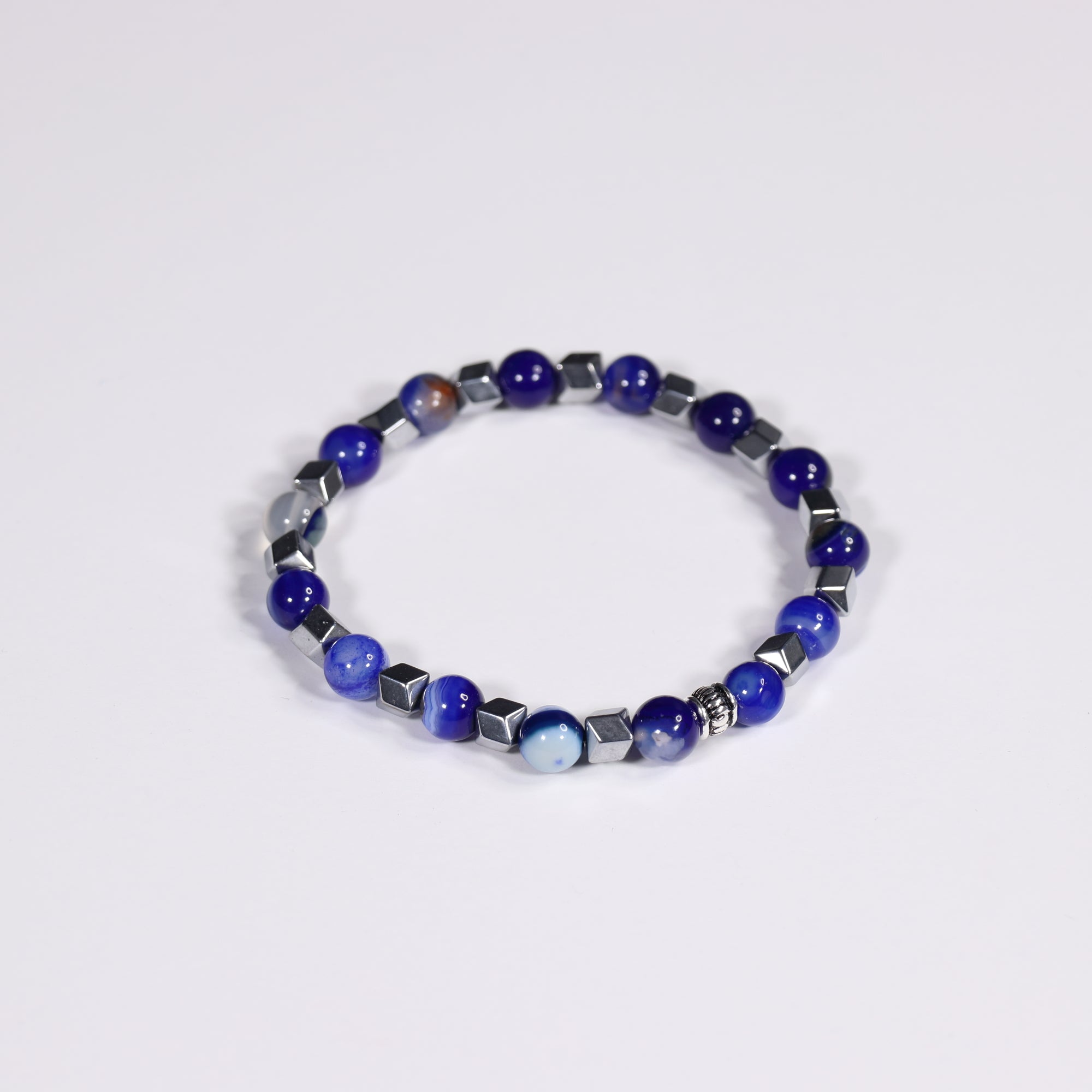 Blue Stripe Agate & Hematite Bracelet, Dyed, Silver Color, 8mm, Mix Pack, 5 Pieces in a Pack #348