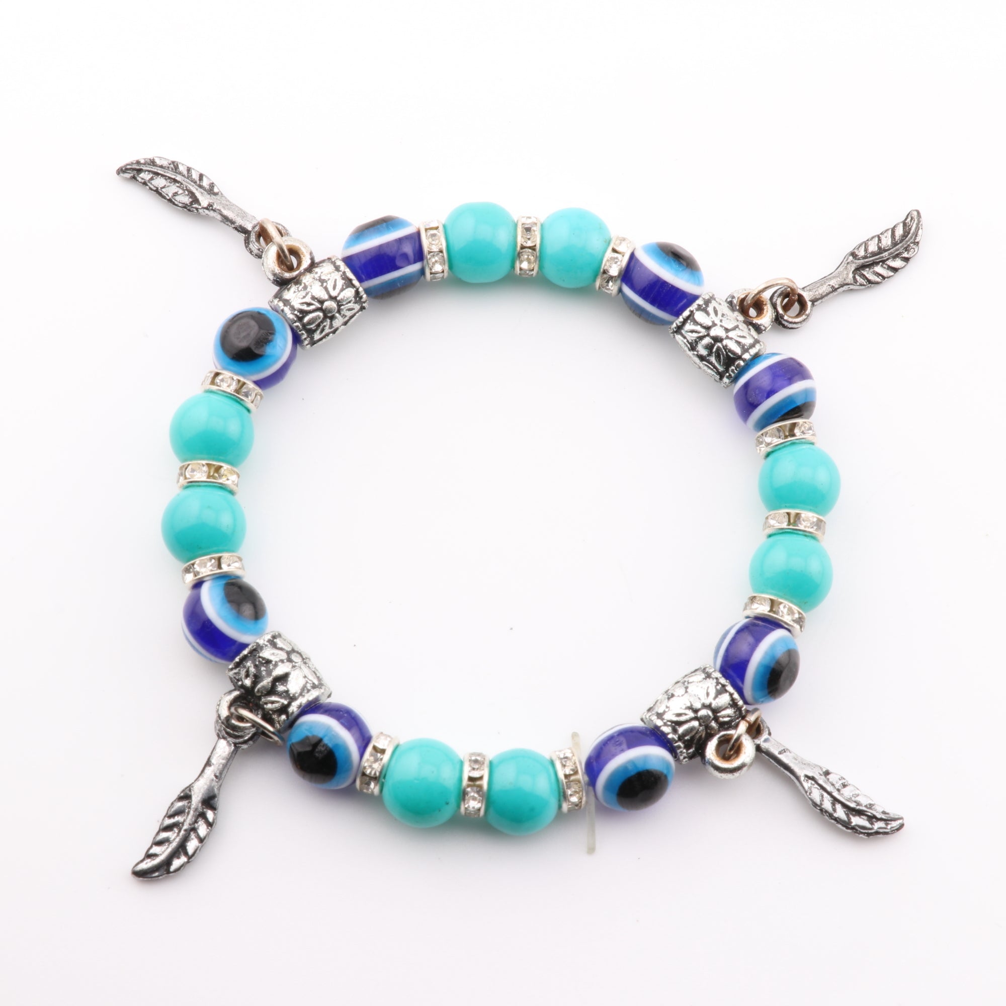 Evil Eye Bracelet, with Turquoise Plastic Beads, with Mix Figure Charm, Silver Color, Dyed, 8 mm, 5 Pieces in a Pack  #480