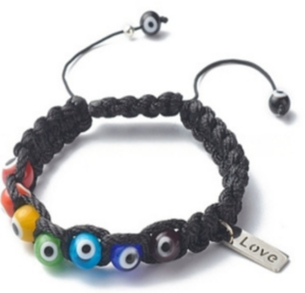 Braided Bracelets with  Handmade Mix Color Evil Eye Lampwork Beads,with Love Engraved Charm, Black, Adjustable Braids, 8mm, 5 Pieces in a Pack #568