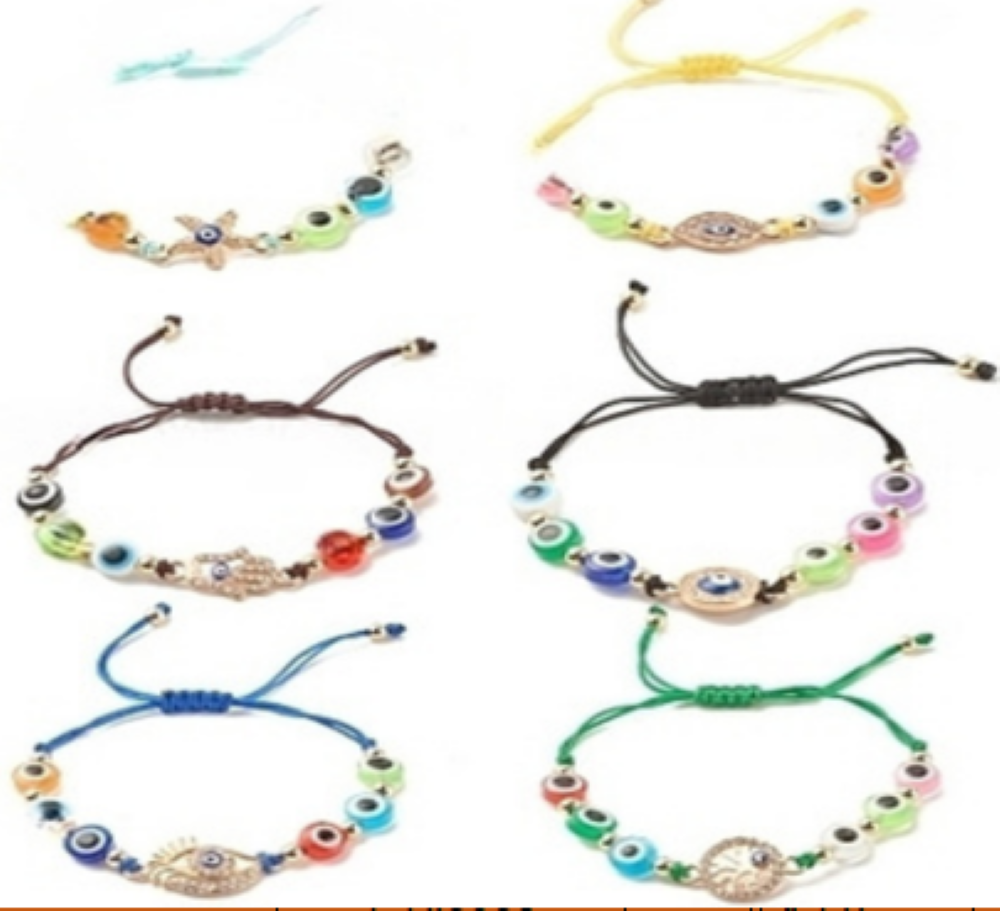 Braided Bracelets with  Mix Color Evil Eye Glass Beads,with Mix Figure Alloys, Adjustable Braids,  8mm, 5 Pieces in a Pack #578