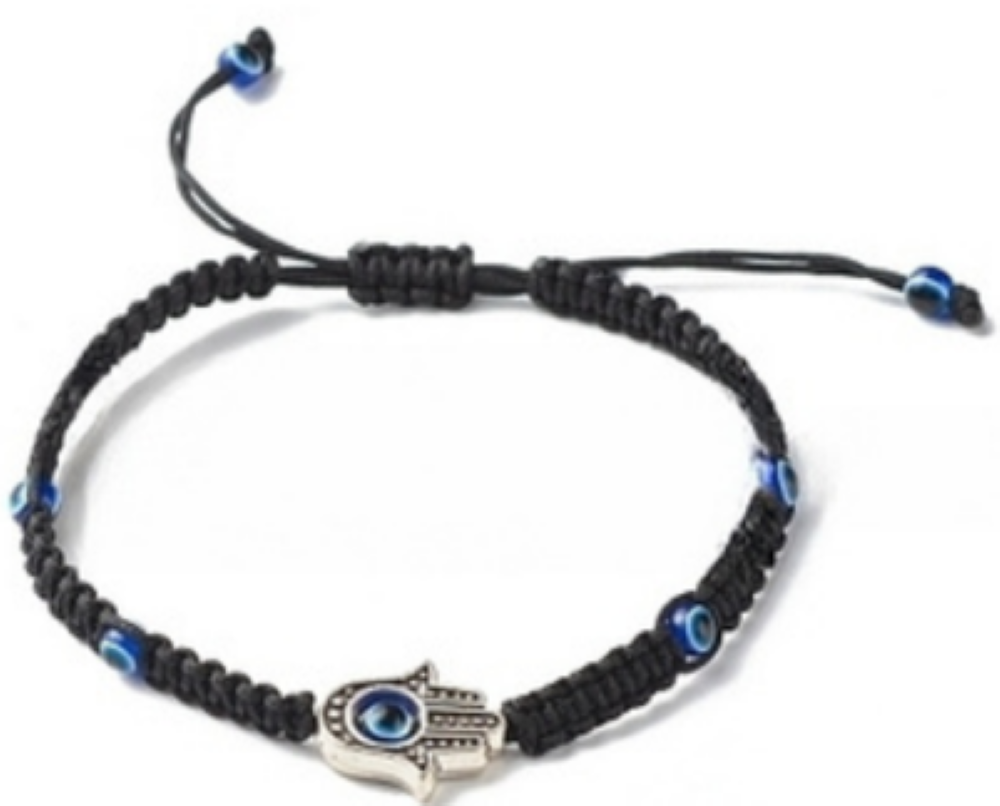 Braided Bracelets, with  Hamsa Hand Alloy, with Evil Eye,  Black Color, Adjustable Braids,4 mm, 5 Pieces in a Pack #583