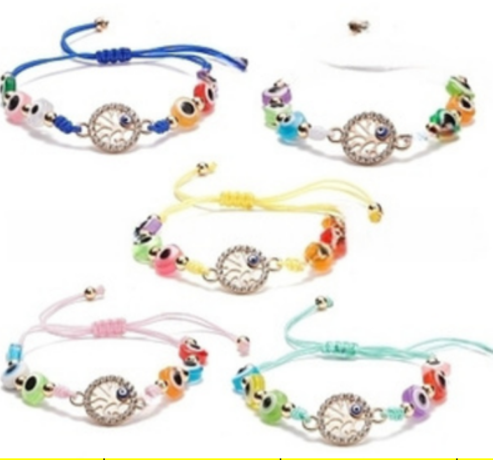 Braided Bracelets with  Mix Color Evil Eye Glass Beads,with Tree of Life Alloy,Gold Color, Adjustable Braids,  8mm, 5 Pieces in a Pack #585