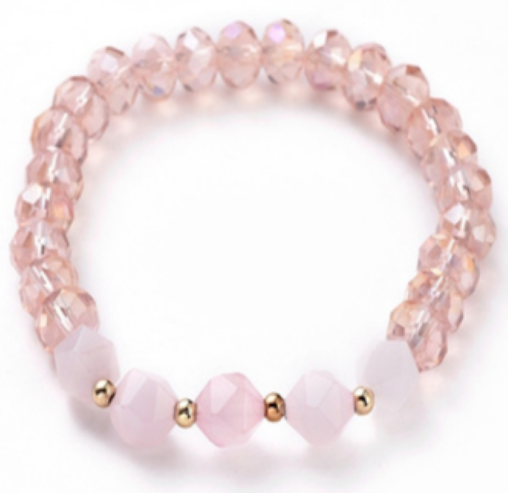 Faceted Rondelle Glass & Rose Quartz Bracelet, 8 mm, 5 Pieces in a Pack #537