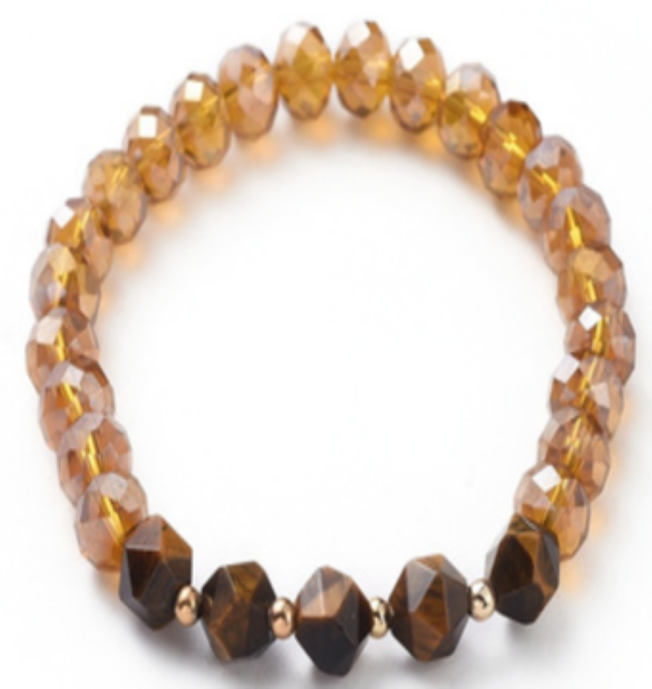 Faceted Rondelle Glass & Tiger Eye Bracelet, 8 mm, 5 Pieces in a Pack #544