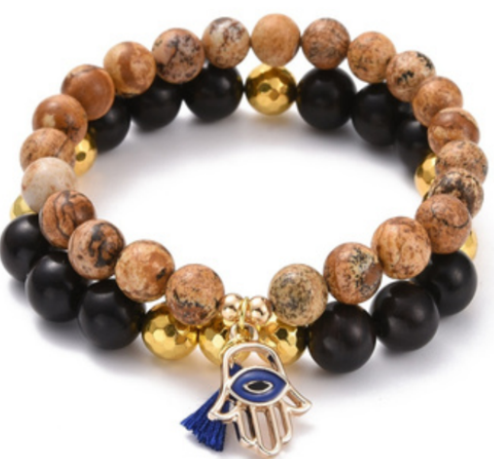 Obsidian & Picture Jasper & Wood Bracelet, with Evil Eye Hamsa Hand Charm,  Gold Color, for Men and Women, 2 Pieces Set,  8mm, 5 Sets in a Pack #444