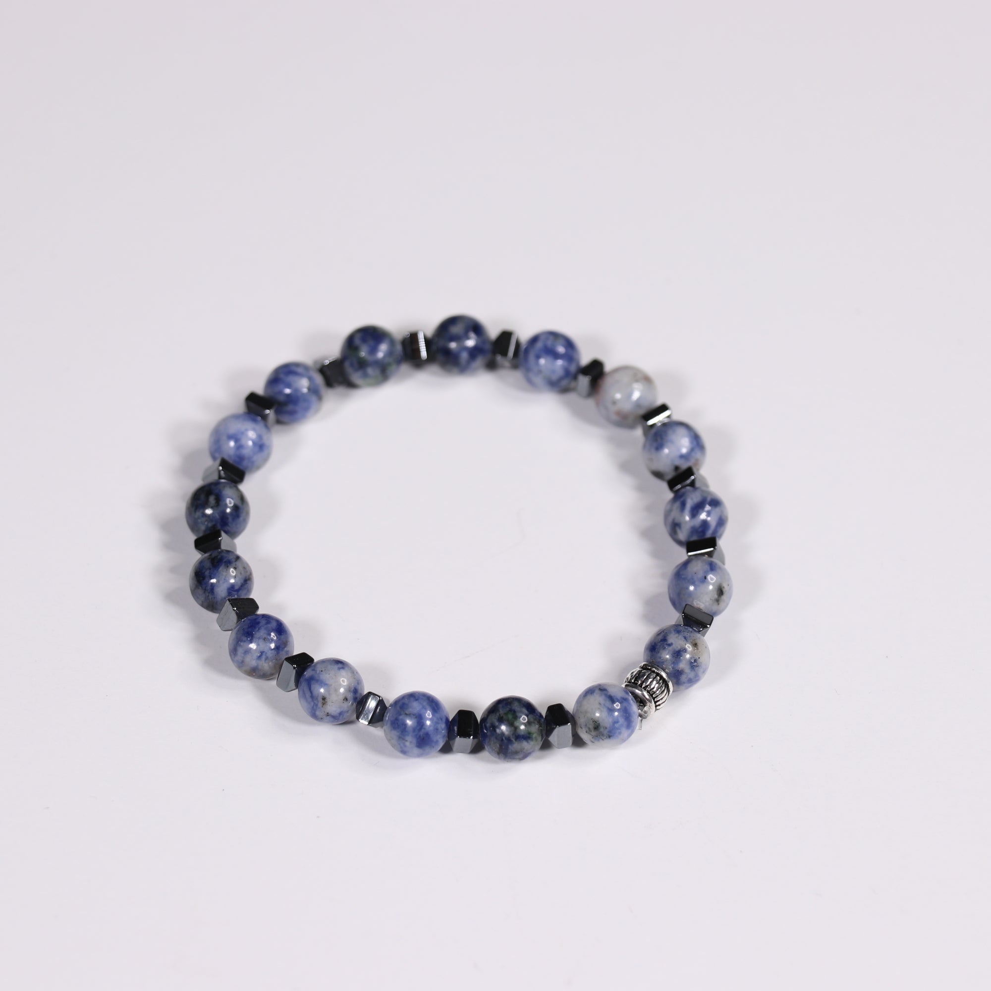 Blue Spot Jasper & Hematite Bracelet, Silver Color, 8mm, 5 Pieces in a Pack,#386