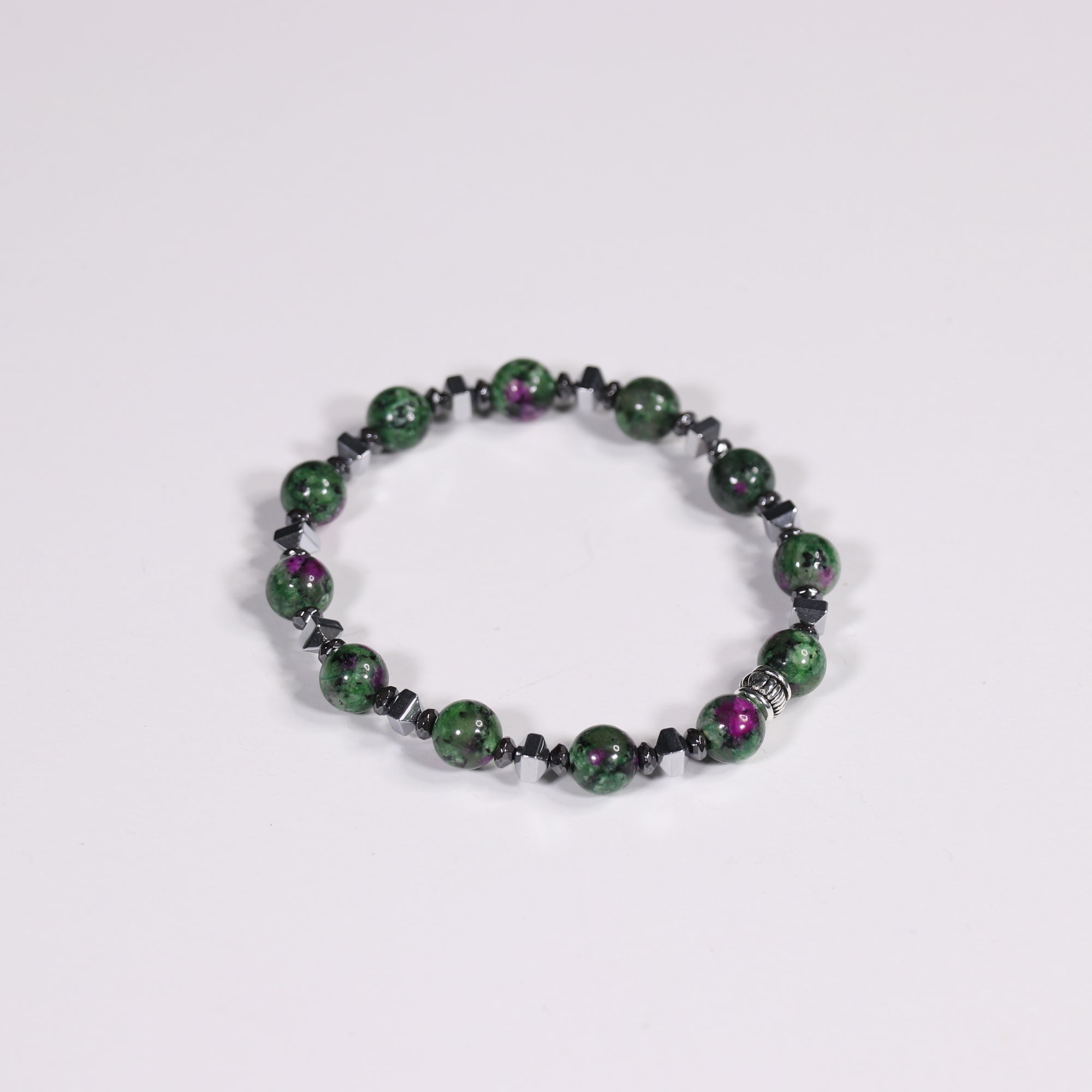 Ruby in Zoisite & Hematite Bracelet, Silver Color, 8mm, 5 Pieces in a Pack #382