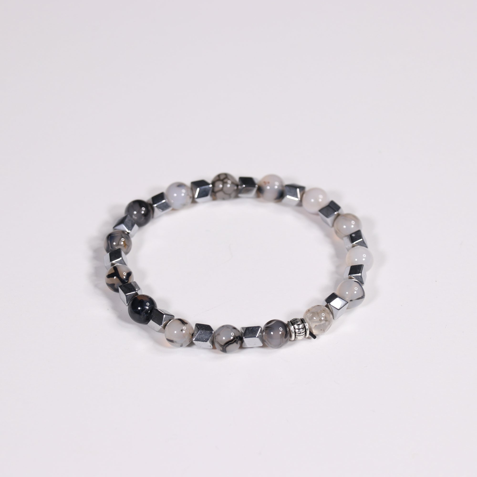 Dragon Veins Agate & Hematite Bracelet, Silver Color, 8 mm, Mix Pack, 5 Pieces in a Pack#364