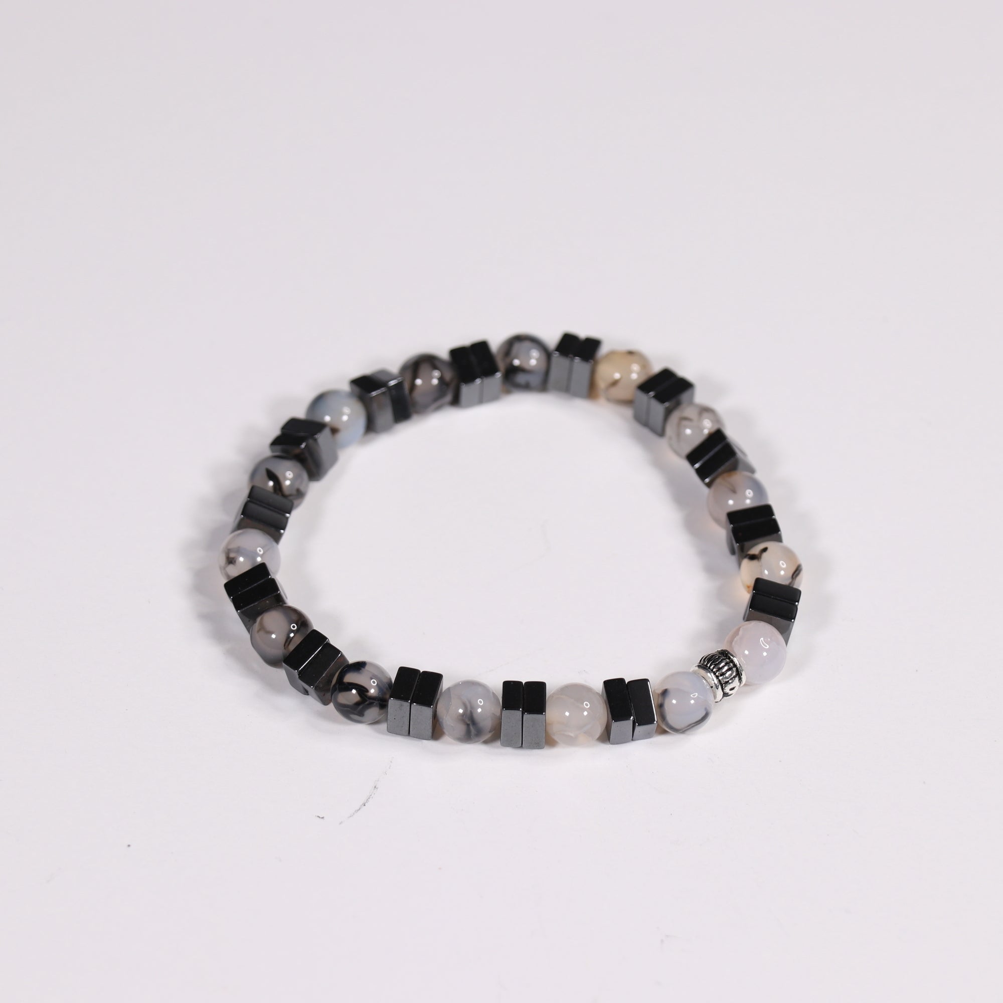 Grey Agate & Hematite Bracelet, Silver Color, 8mm, 5 Pieces in a Pack #414