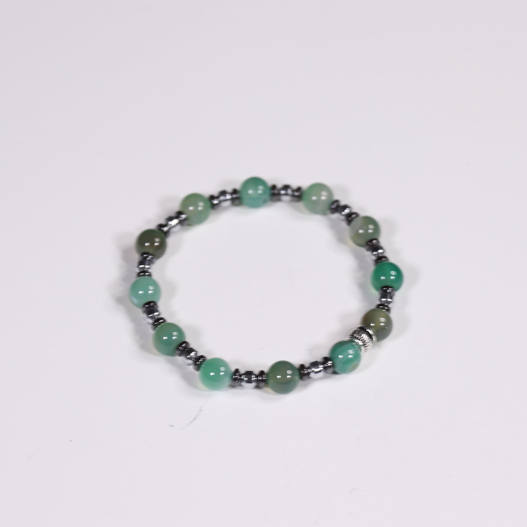 Green Agate & Hematite Bracelet, Silver Color, 8 mm,  Mix Pack, 5 Pieces in a Pack #431