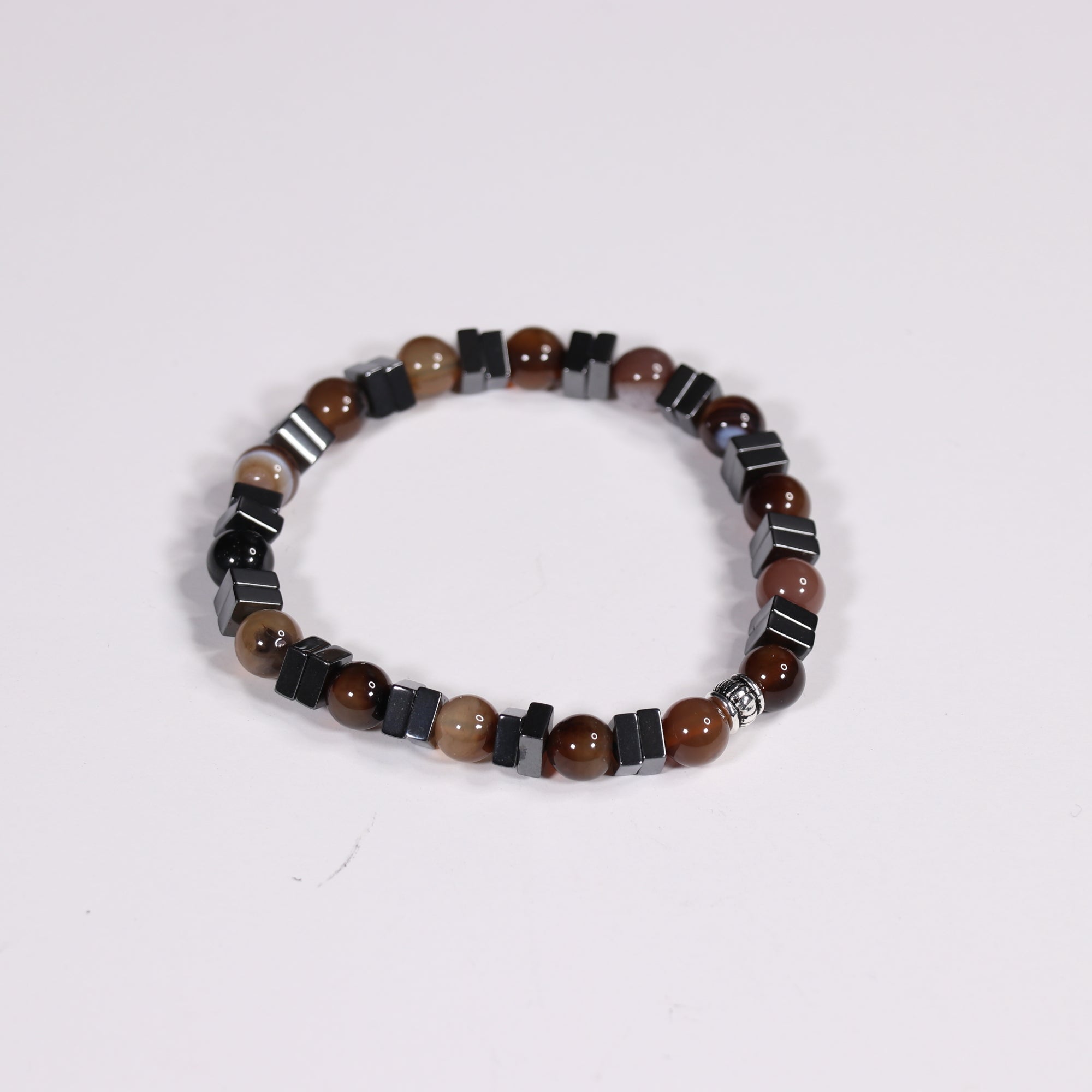 Brown Stripe Agate & Hematite Bracelet, Silver Color, Dyed, 8 mm, Mix Pack, 5 Pieces in a Pack #423