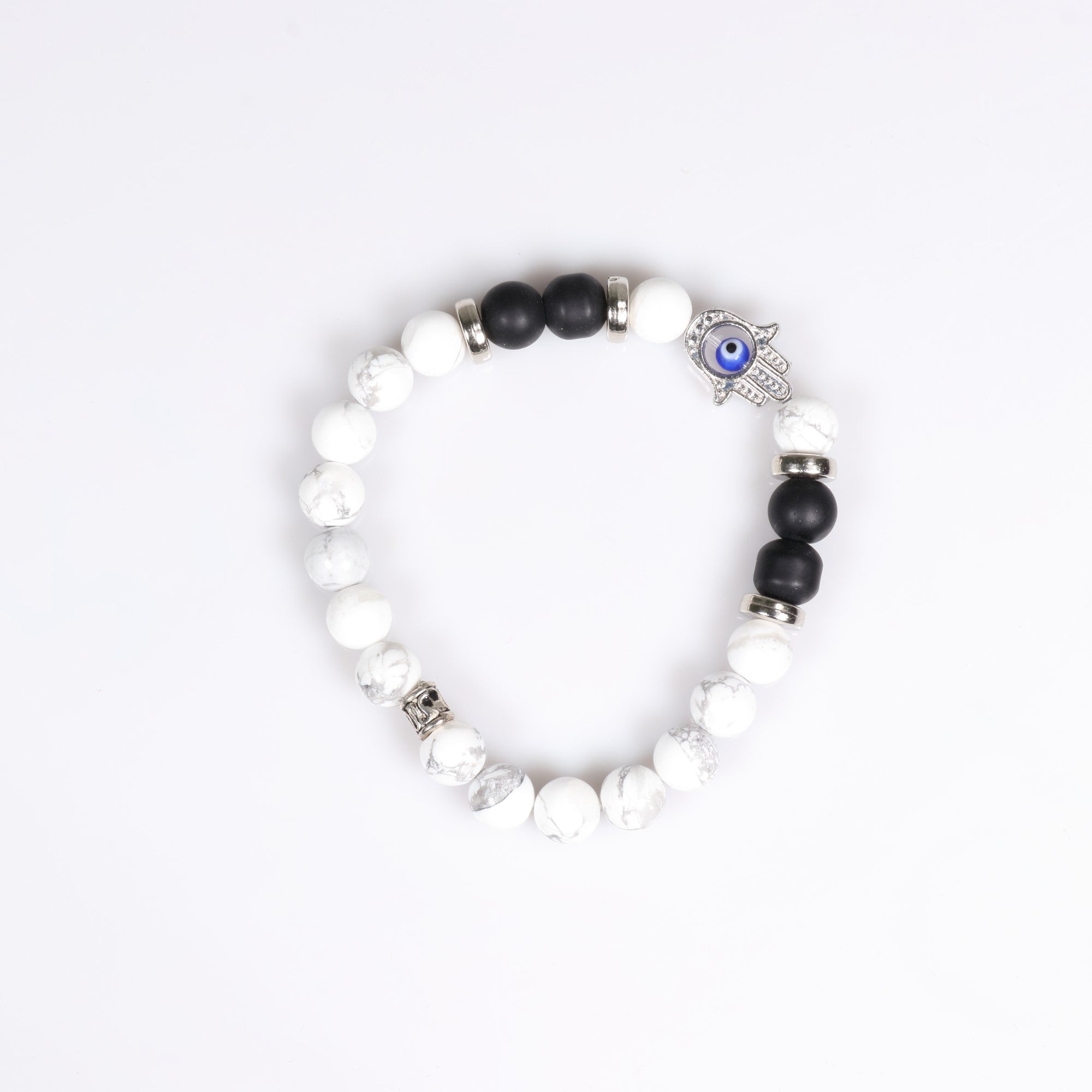 Howlite & Frosted Onyx Bracelet, with Hamsa Hand Alloy, with Evil Eye, Silver Color, 8mm, 5 Pieces in a Pack #107