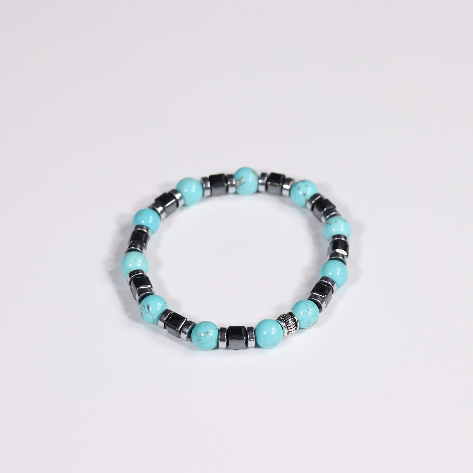 Turquoise & Hematite Bracelet, Silver Color, 8mm, 5 Pieces in a Pack #351