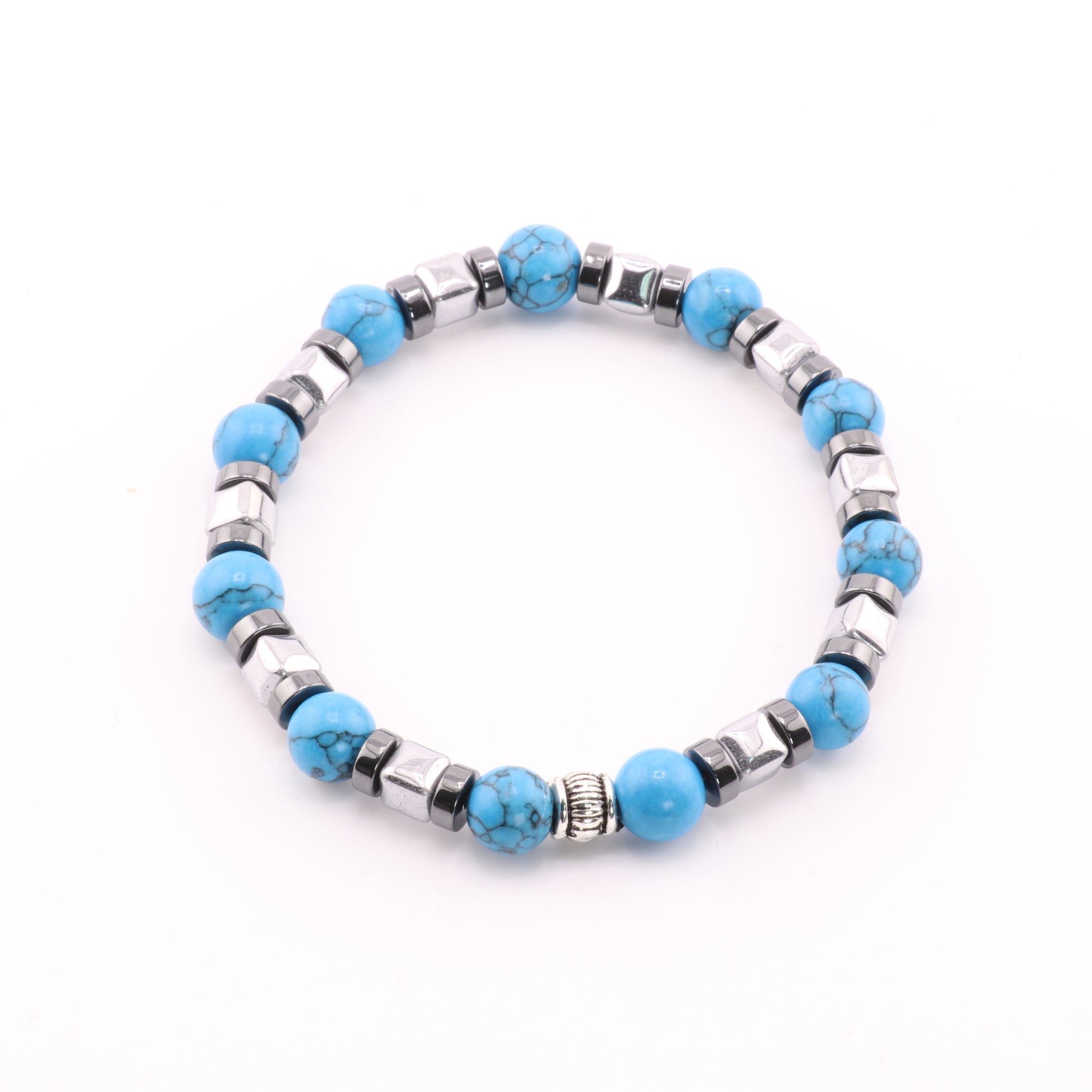 Turquoise & Hematite Bracelet, Silver Color, 8mm, 5 Pieces in a Pack #464