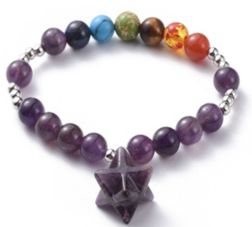 Amethyst & Chakra Stone Bracelet, with Amethyst  Merkaba Charm, 8 mm, 5 Pieces in a Pack #531