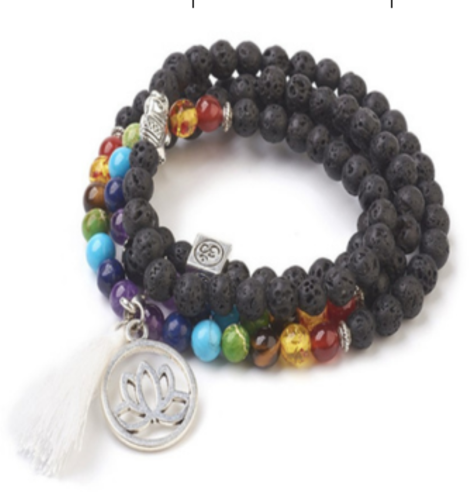 Lava Stone & Chakra Stone Bracelet, with Lotus Charm, with Omm Symbol & Buddha Head Alloy, 8 mm, 5 Pieces in a Pack #531