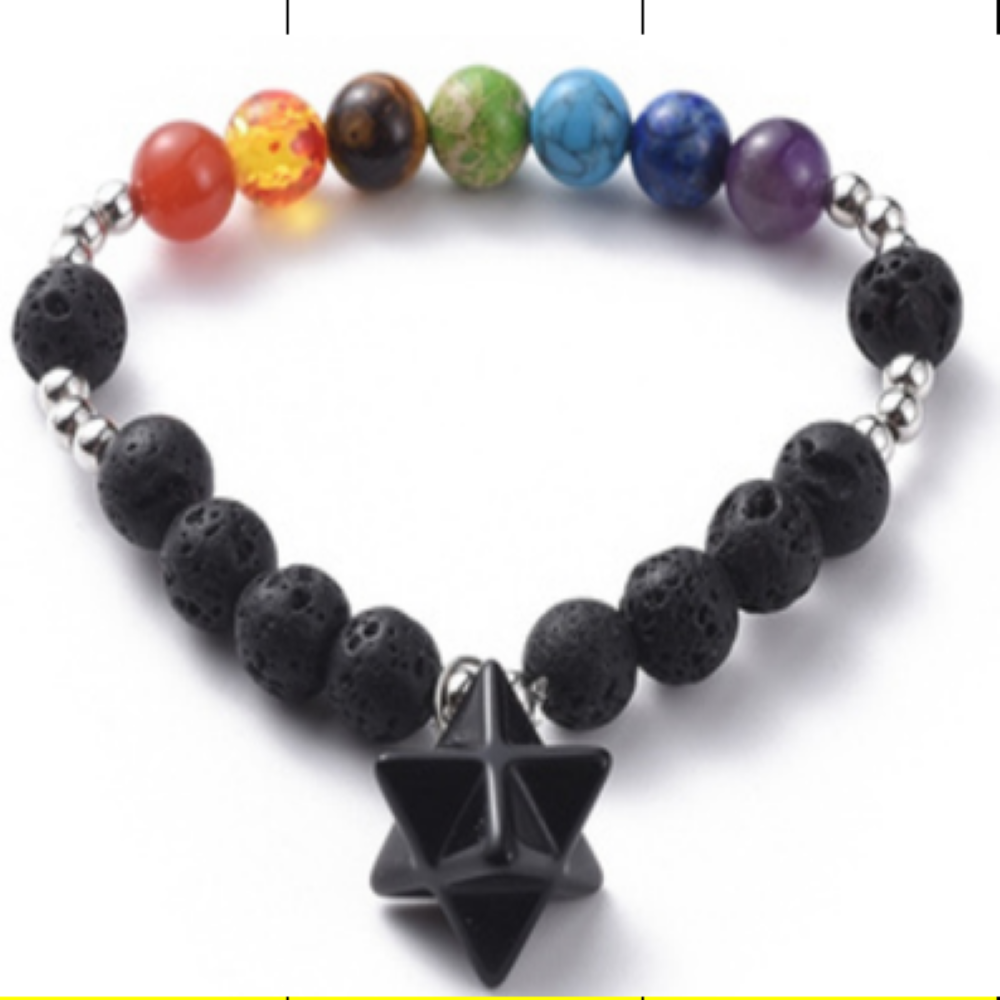 Lava Stone & Chakra Stone Bracelet, with Obsidian Merkaba Charm, 8 mm, 5 Pieces in a Pack #540