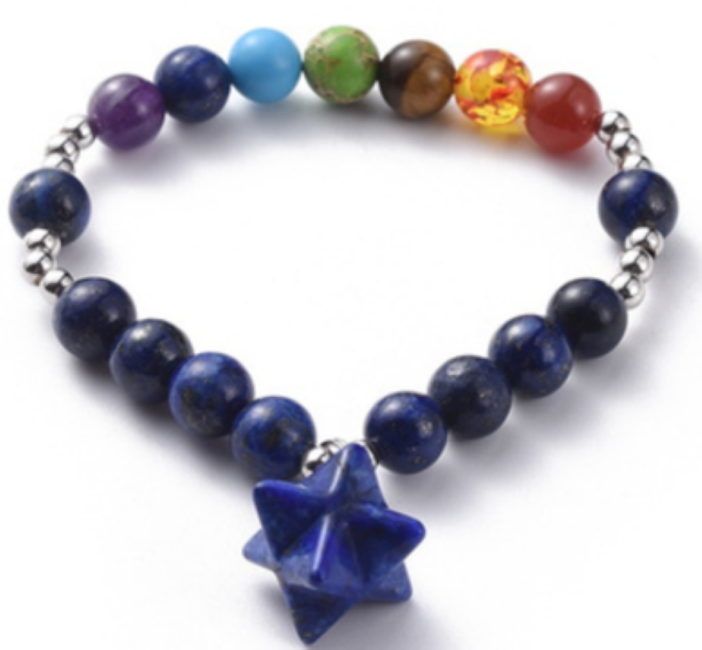 Lapis Lazuli & Chakra Stone Bracelet, with Lapis Lazuli  Merkaba Charm, 8 mm, 5 Pieces in a Pack #543