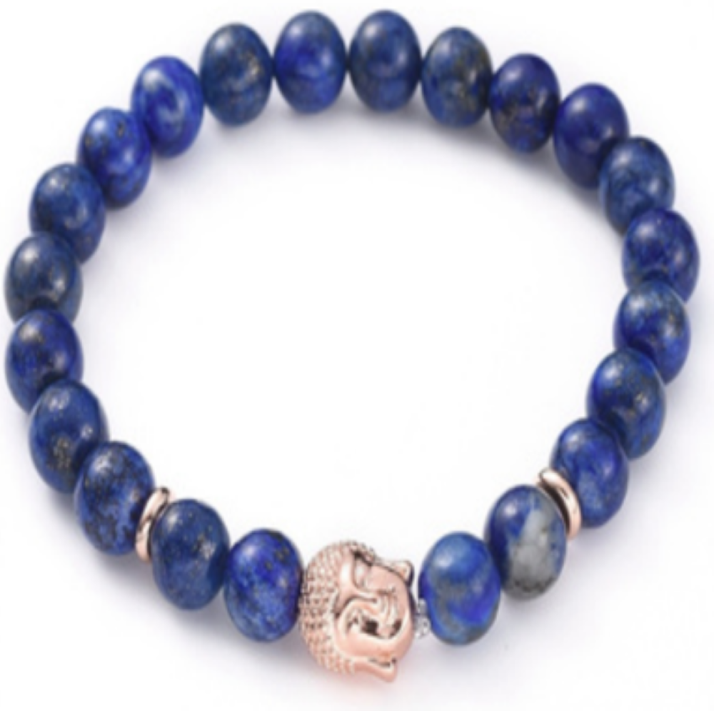 Lapis Lazuli Bracelet, with Buddha Head Alloy, Gold Color, 8mm, 5 Pieces in a Pack #515