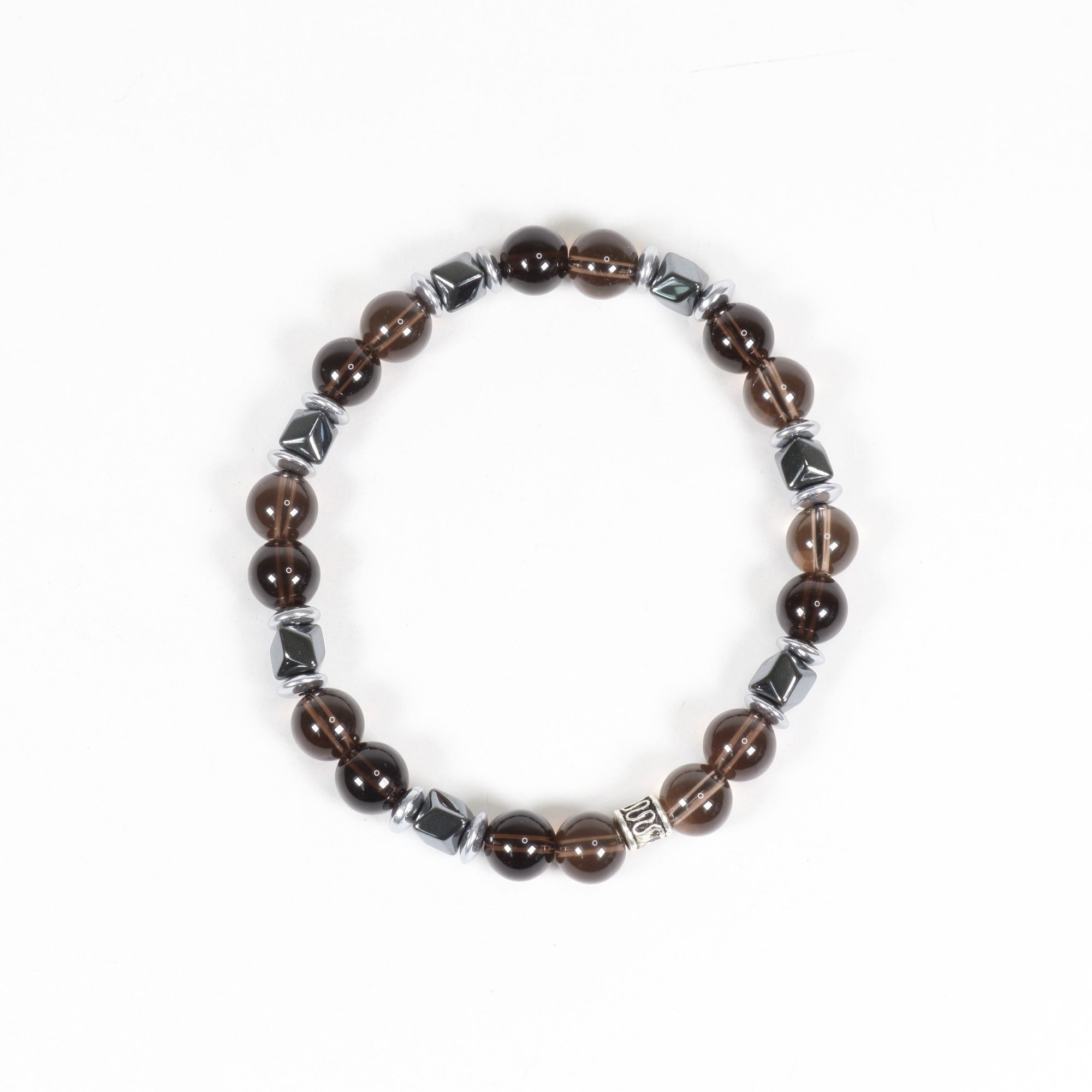 Smoky Quartz & Hematite Bracelet, Silver Color, 8mm, 5 Pieces in a Pack #253