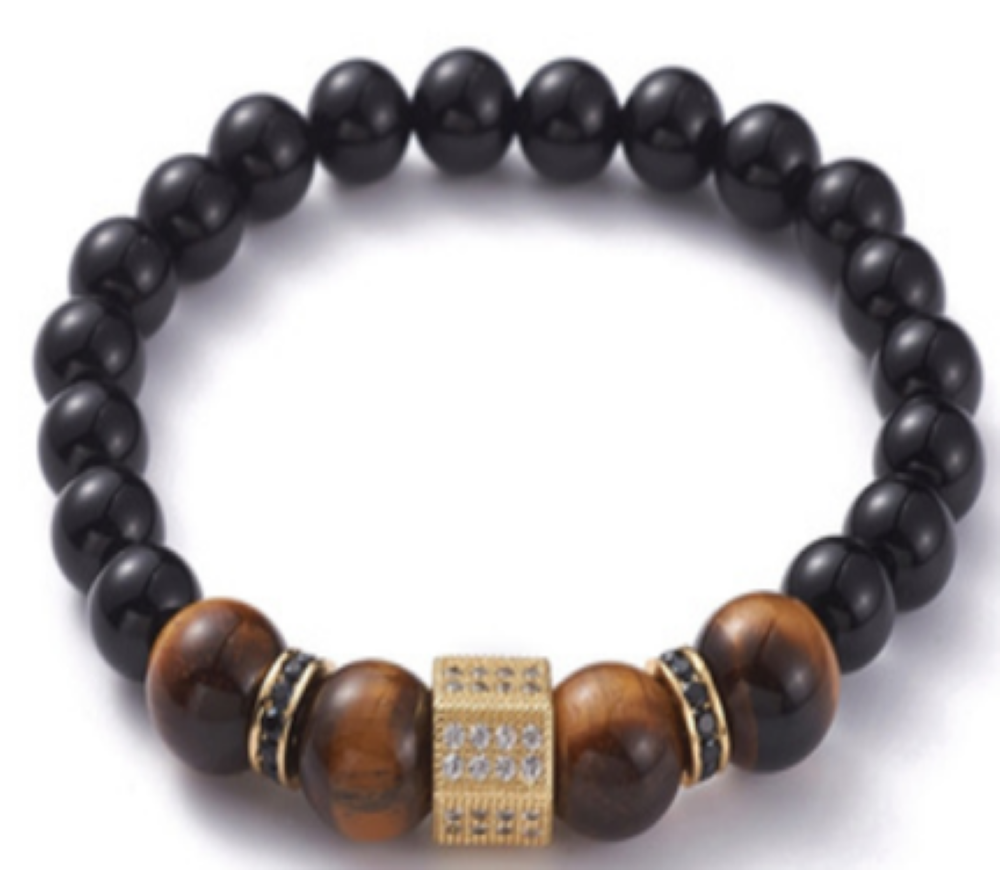 Black Onyx & Tiger Eye Bracalet, with Cubic Zirconia Alloy,  Gold Color, 8-10 mm, 5 Pieces in a Pack #511