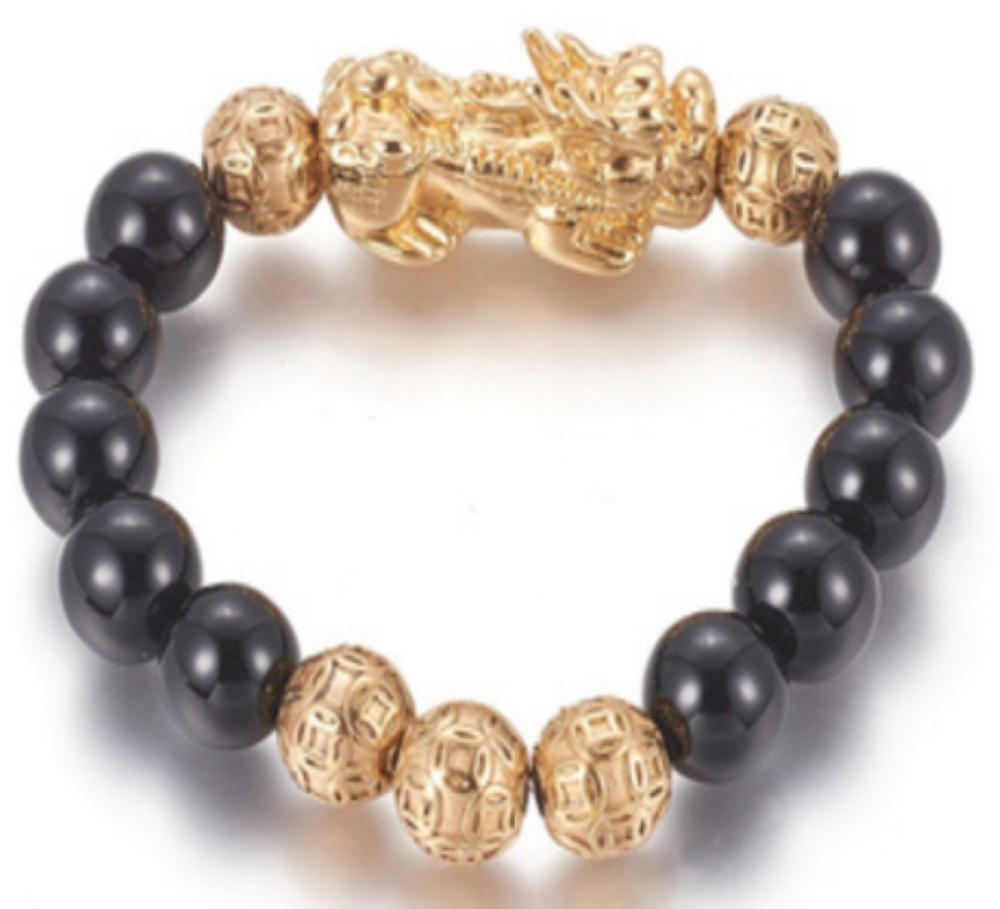 Black Onyx Bracelet, with Pixiu Alloy, with Feng Shui Beads, Gold Color, 8mm, 5 Pieces in a Pack #513