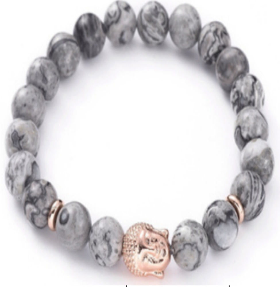 Grey Jasper Bracelet, with Buddha Head Alloy, Gold Color, 8mm, 5 Pieces in a Pack #514