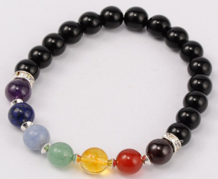 Black Obsidian Bracelet, with Chakra Stones, Silver Color, 8 mm, 5 Pieces in a Pieces #551