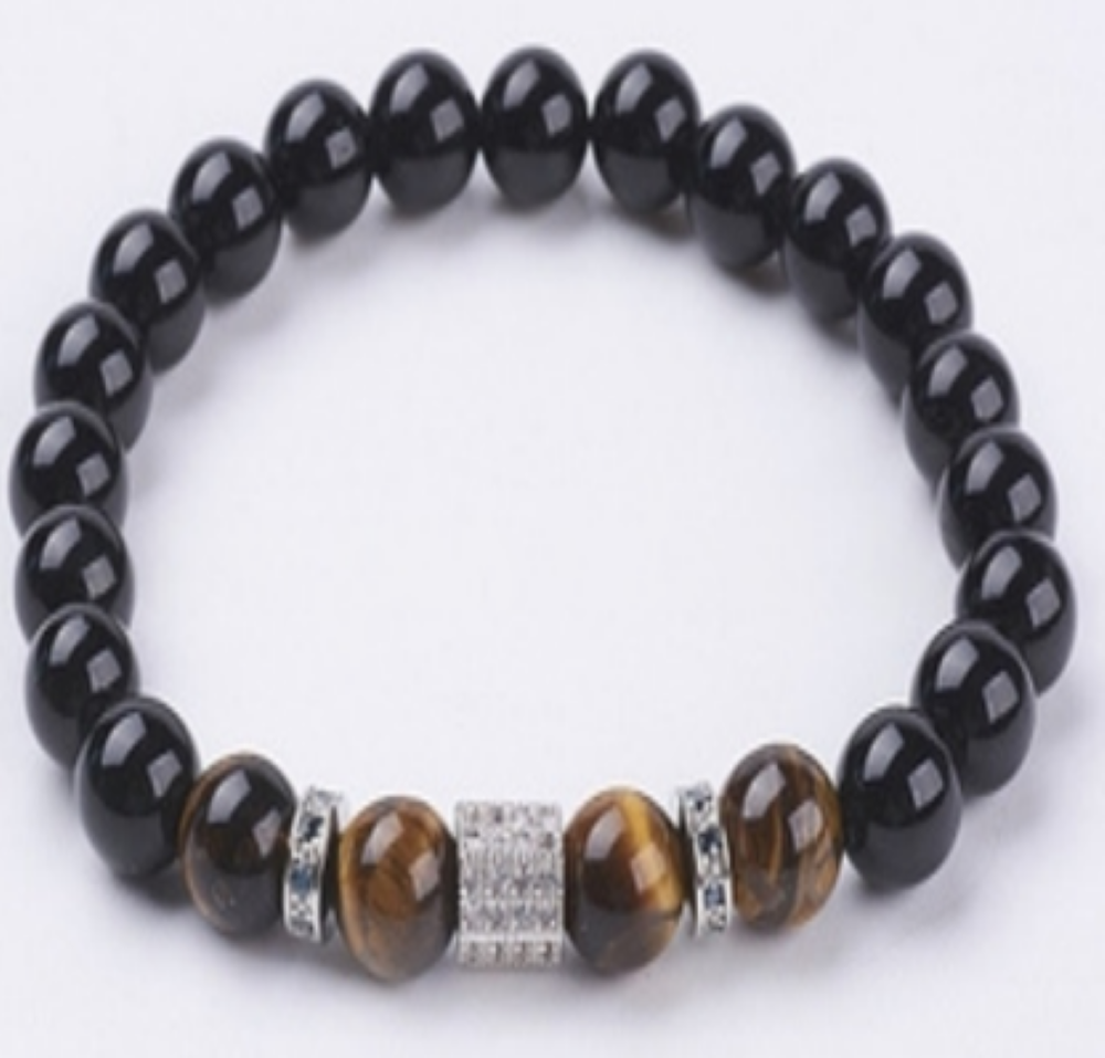 Black Onyx Bracelet, with Tiger Eye Beads, Silver Color, 8 mm, 5 Pieces in a Pack #554