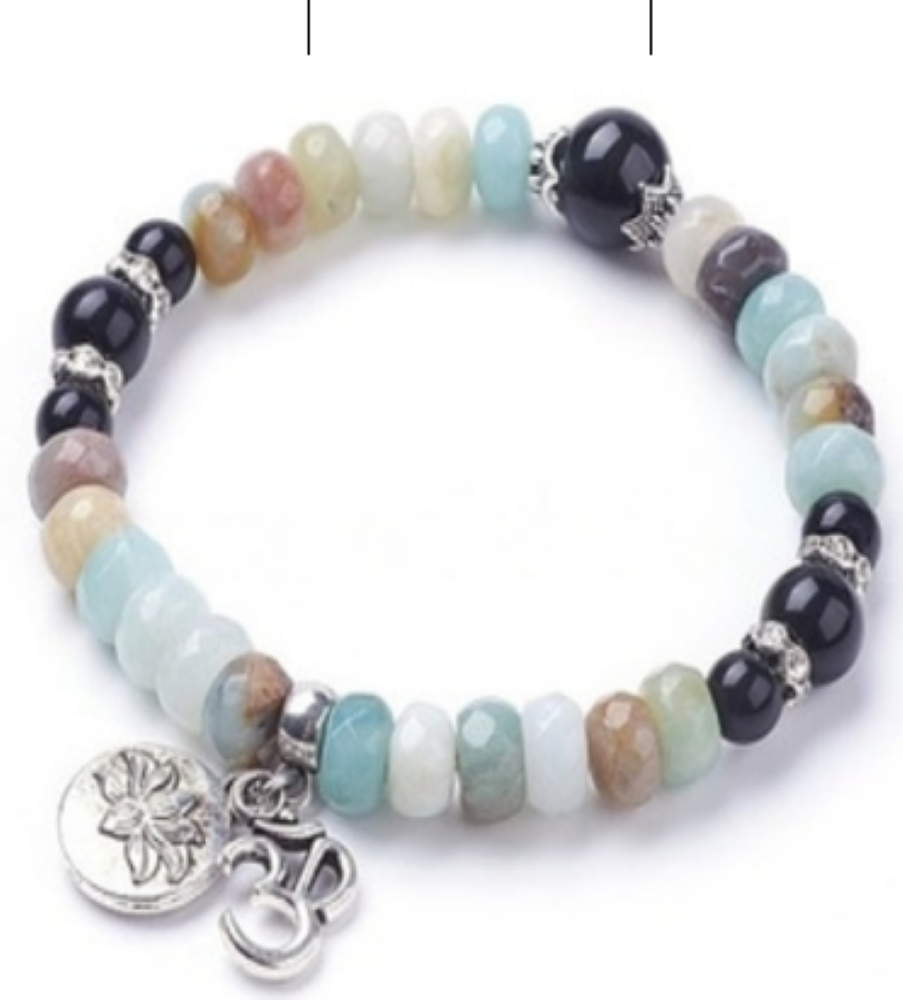 Flower Amazonite & Black Obsidian Bracelet, with Lotus & Omm Symbol Charm, Silver Color, 8 mm, 5 Pieces in a Pack #552