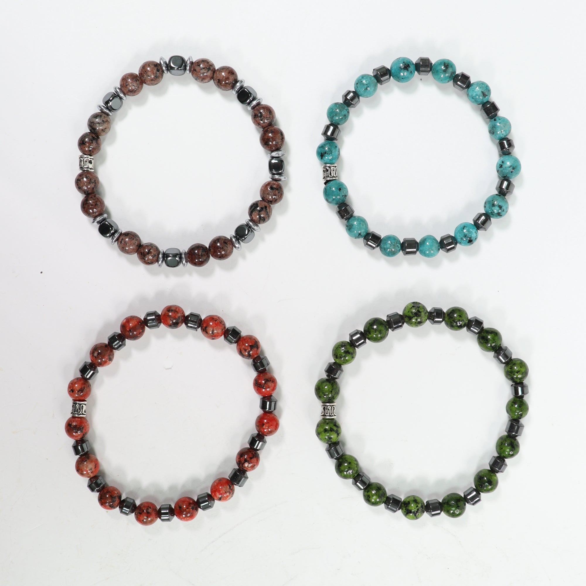 Kiwi Stone & Hematite Bracelet, Mixed Color, 8mm, Mix Pack, 5 Pieces in a Pack #449