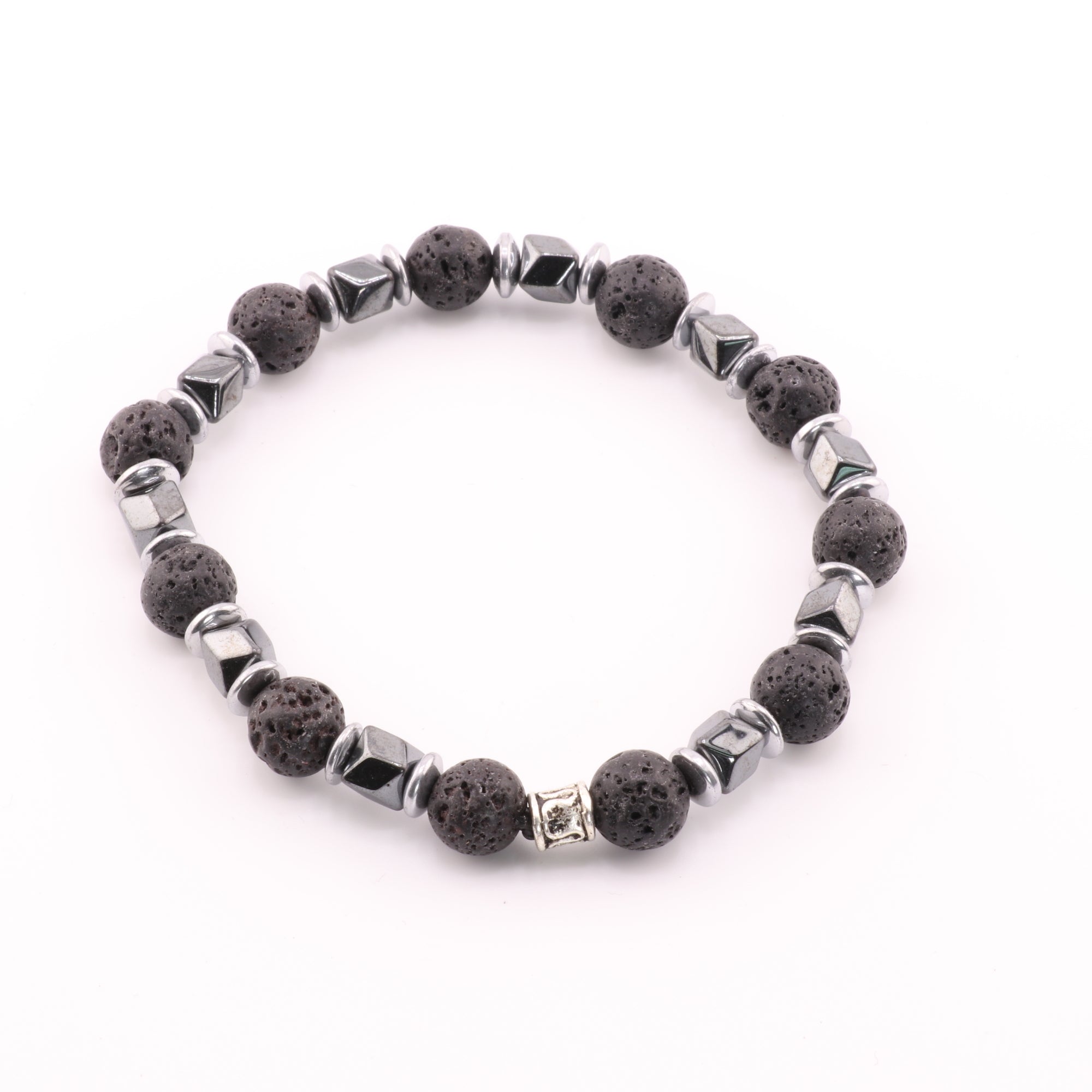 Lava Stone & Hematite Bracelet, Silver Color, 8 mm, 5 Pieces in a Pack #461