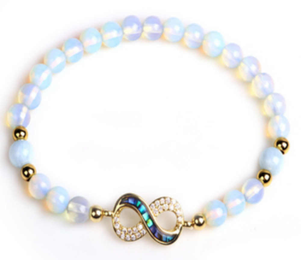 Opalite Bracelet, with Infinity Symbol Alloy, Gold Color, 6 mm, 5 Pieces in a Pack #510