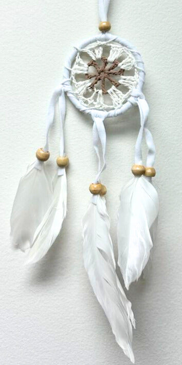 Mini White Chrocet Dream Catcher, with White Feathers, 5 Pieces in a Pack #SM11