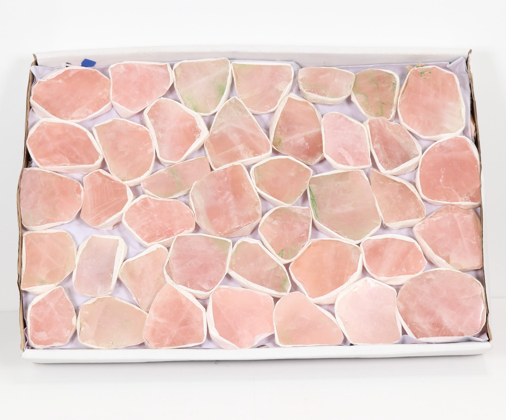 Rough Rose Quartz Flat Box, Top Polished, Standard Quality, Large, 1 Flat, 40/60 gr