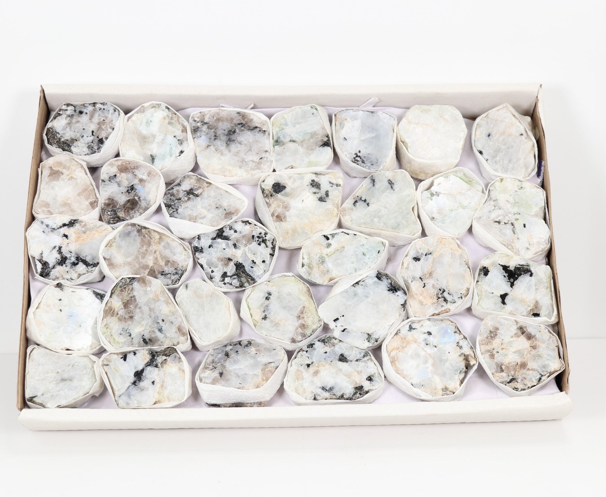 Rough Rainbow Moonstone Flat Box, Top Polished, Standard Quality, Large, 1 Flat, 40/60 gr