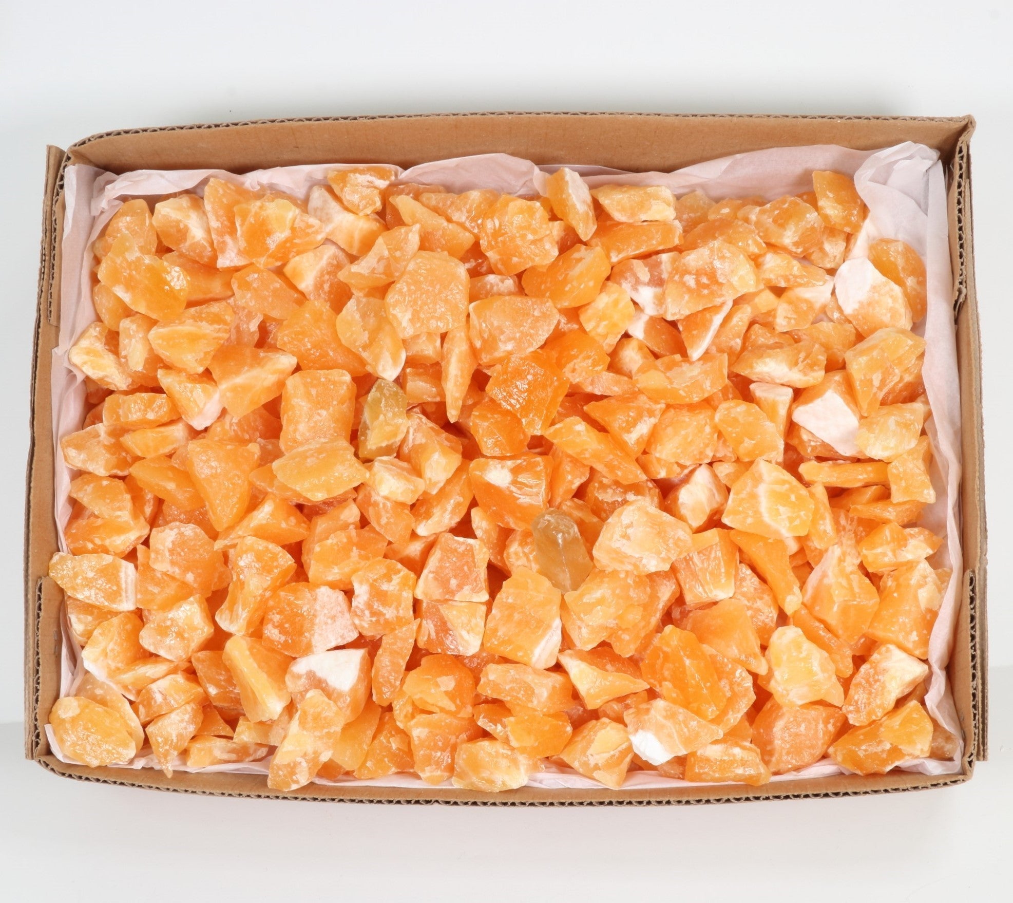 Rough Orange Calcite Flat Box, Standard Quality, Large, 1 Flat, 40/60 gr