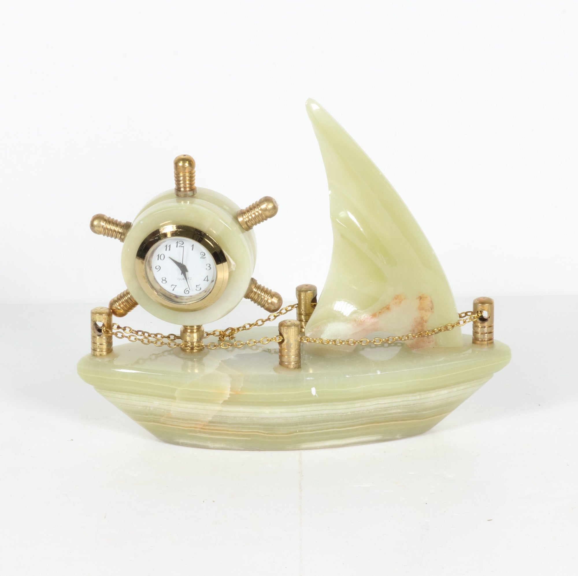 Green Onyx Sail Boat Clock, Hand Carved, Small #001