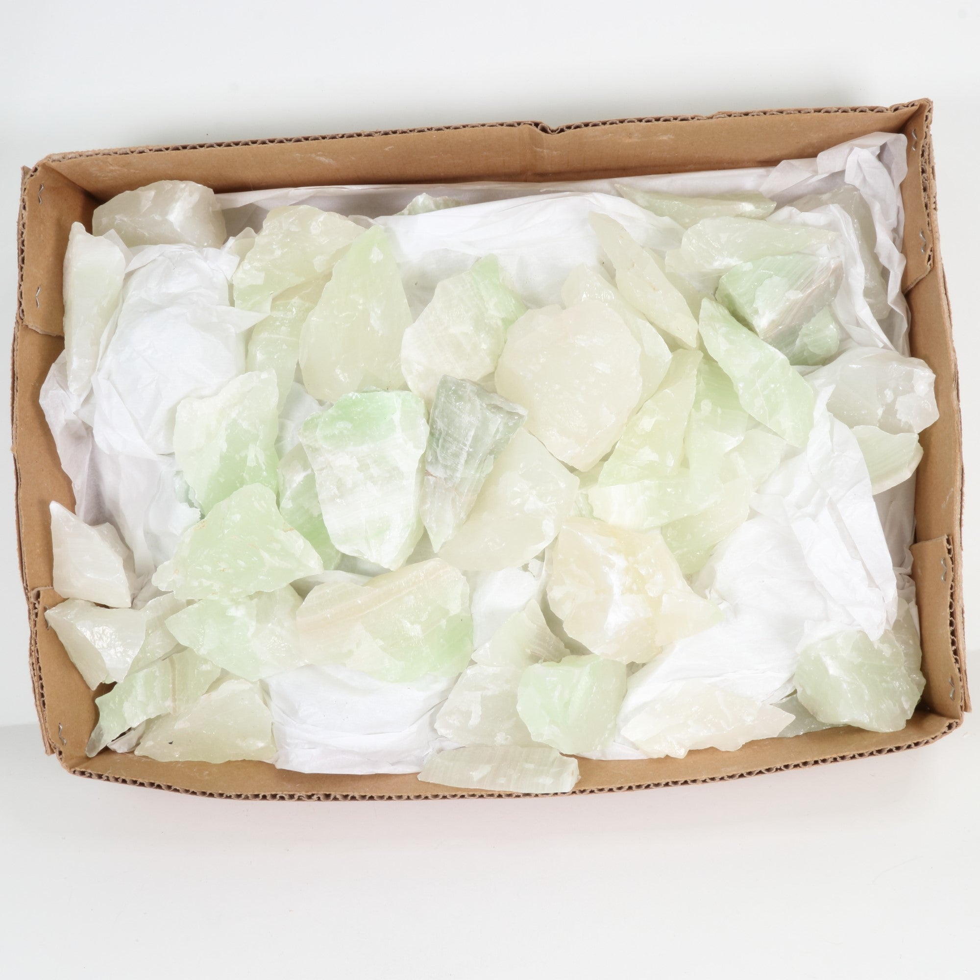 Rough Green Calcite Flat Box, Standard Quality, Large, 1 Flat, 50/150 gr