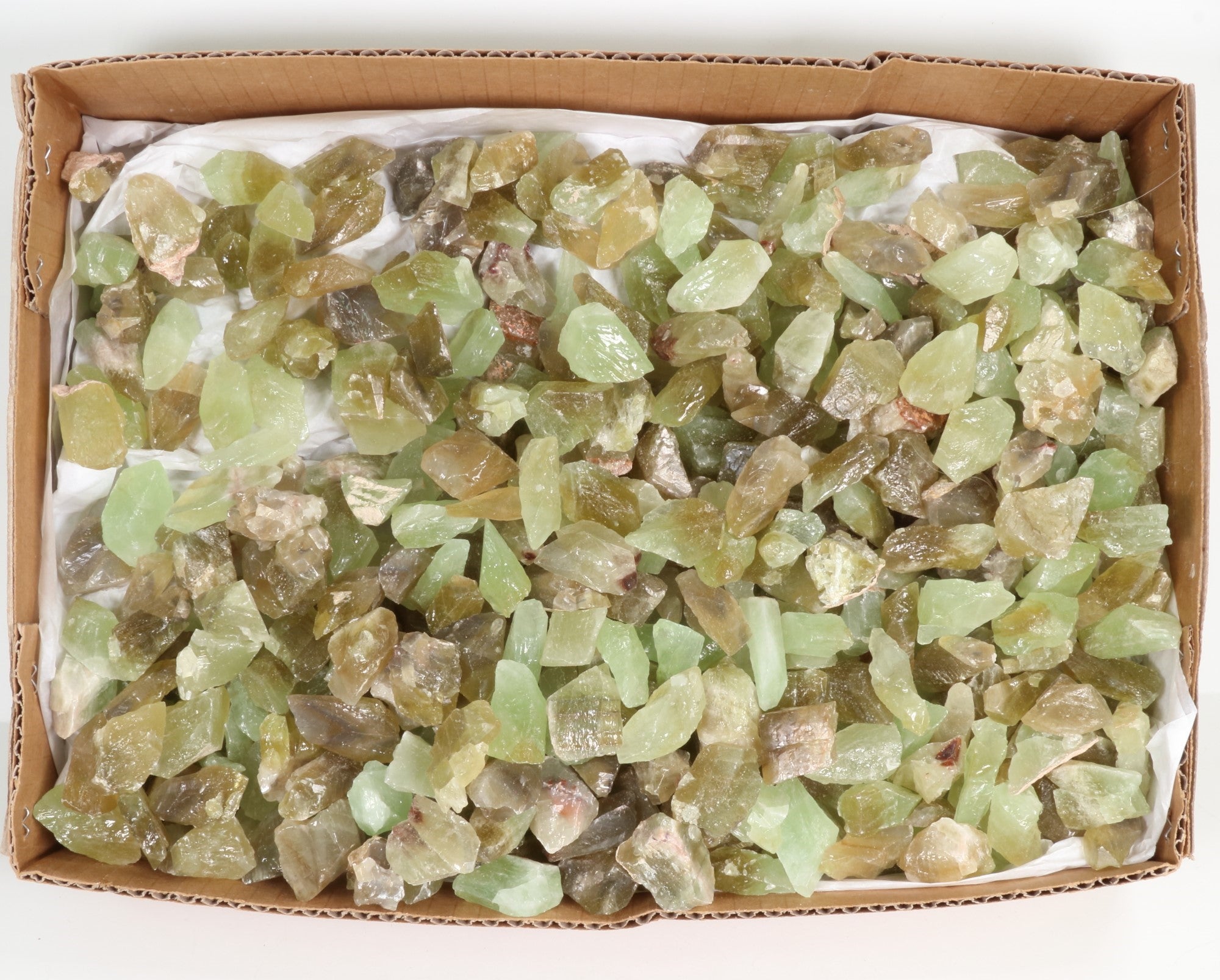 Rough Green Calcite Flat Box, Standard Quality, Large, 1 Flat, 0/50 gr