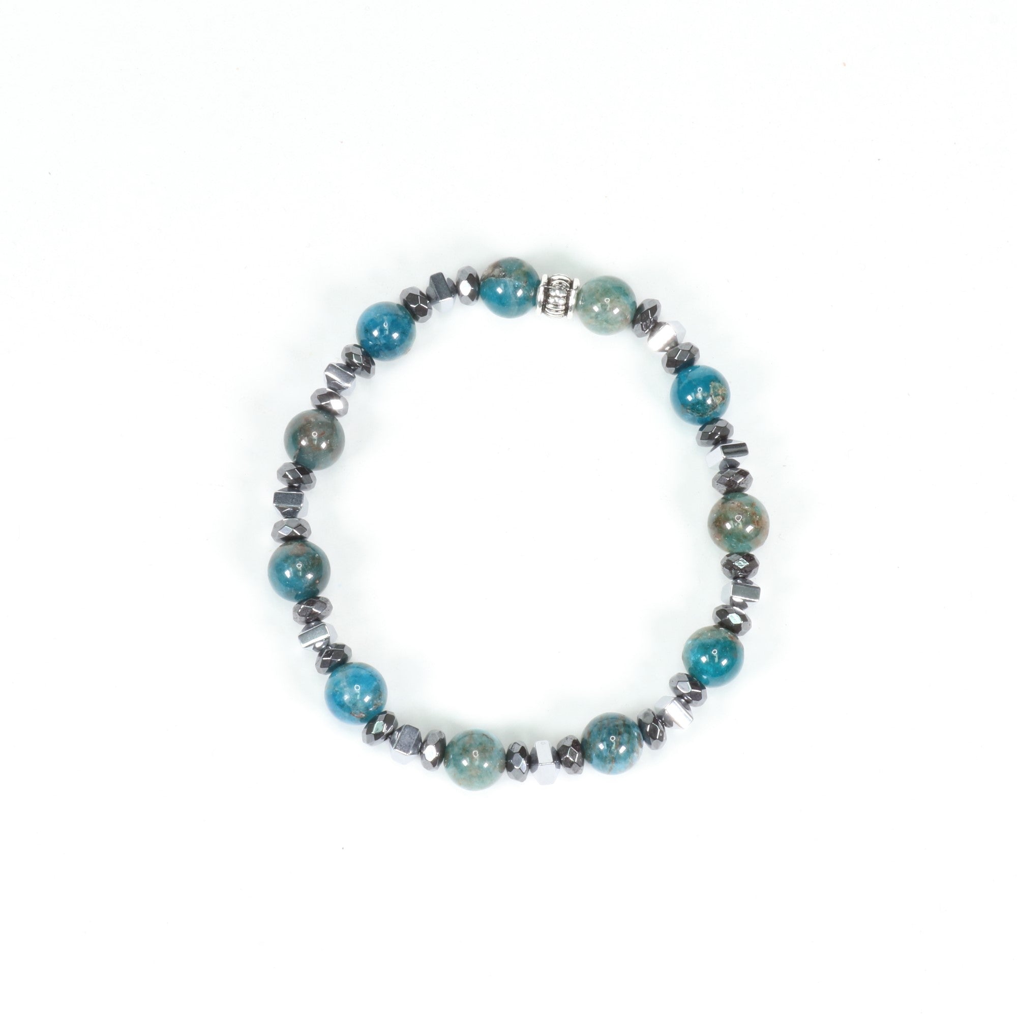 Blue Apatite & Hematite Bracelet, Silver Color, 8mm, 5 Pieces in a Pack #275