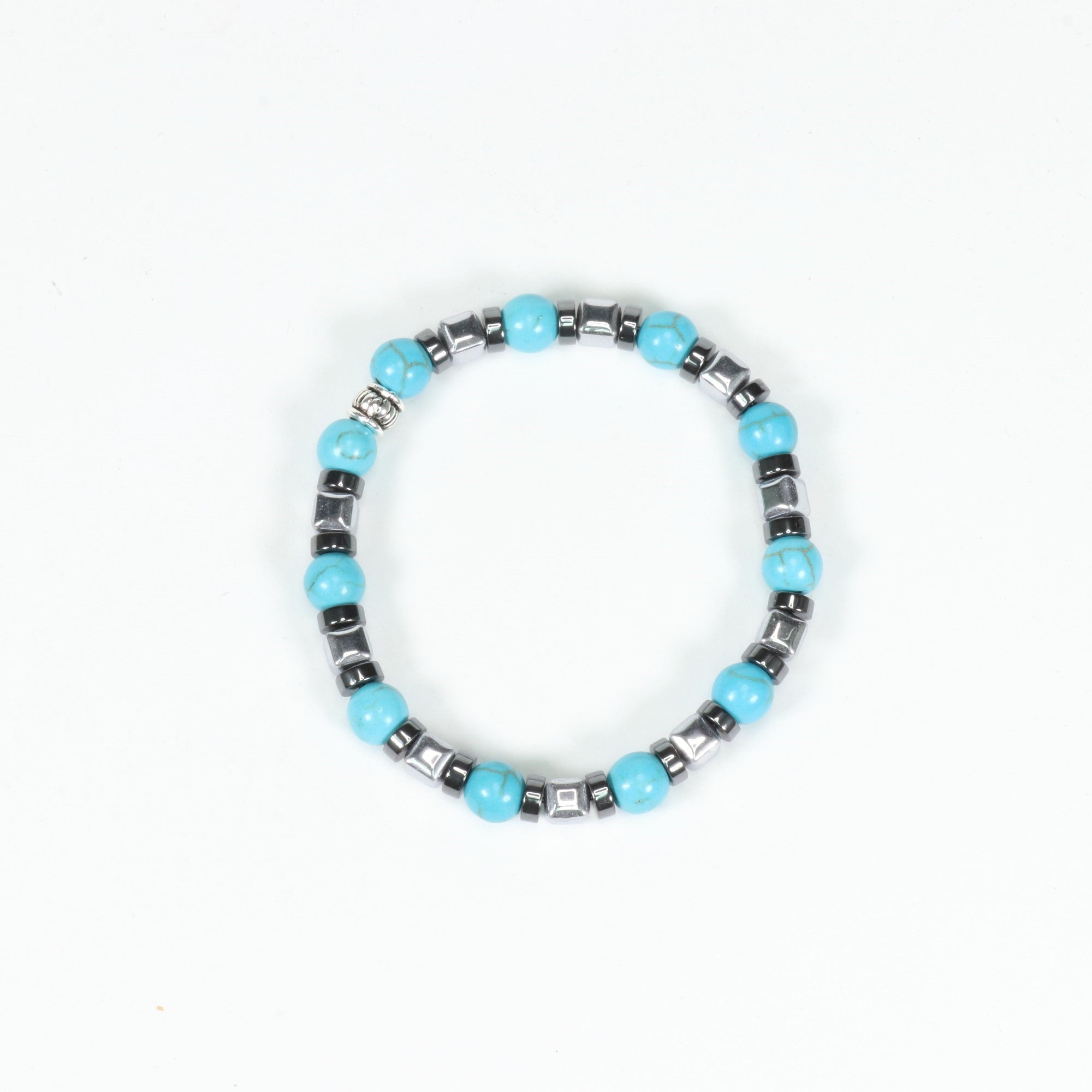 Turquoise & Hematite Bracelet, Silver Color, 8mm, 5 Pieces in a Pack #258