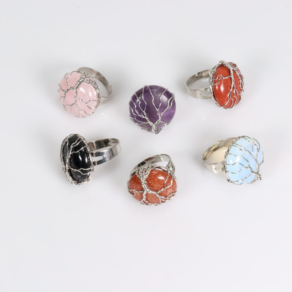 Assorted Stones Wire Wrapped Ring, Adjustable Size, 10 Pieces in a Pack, #0003