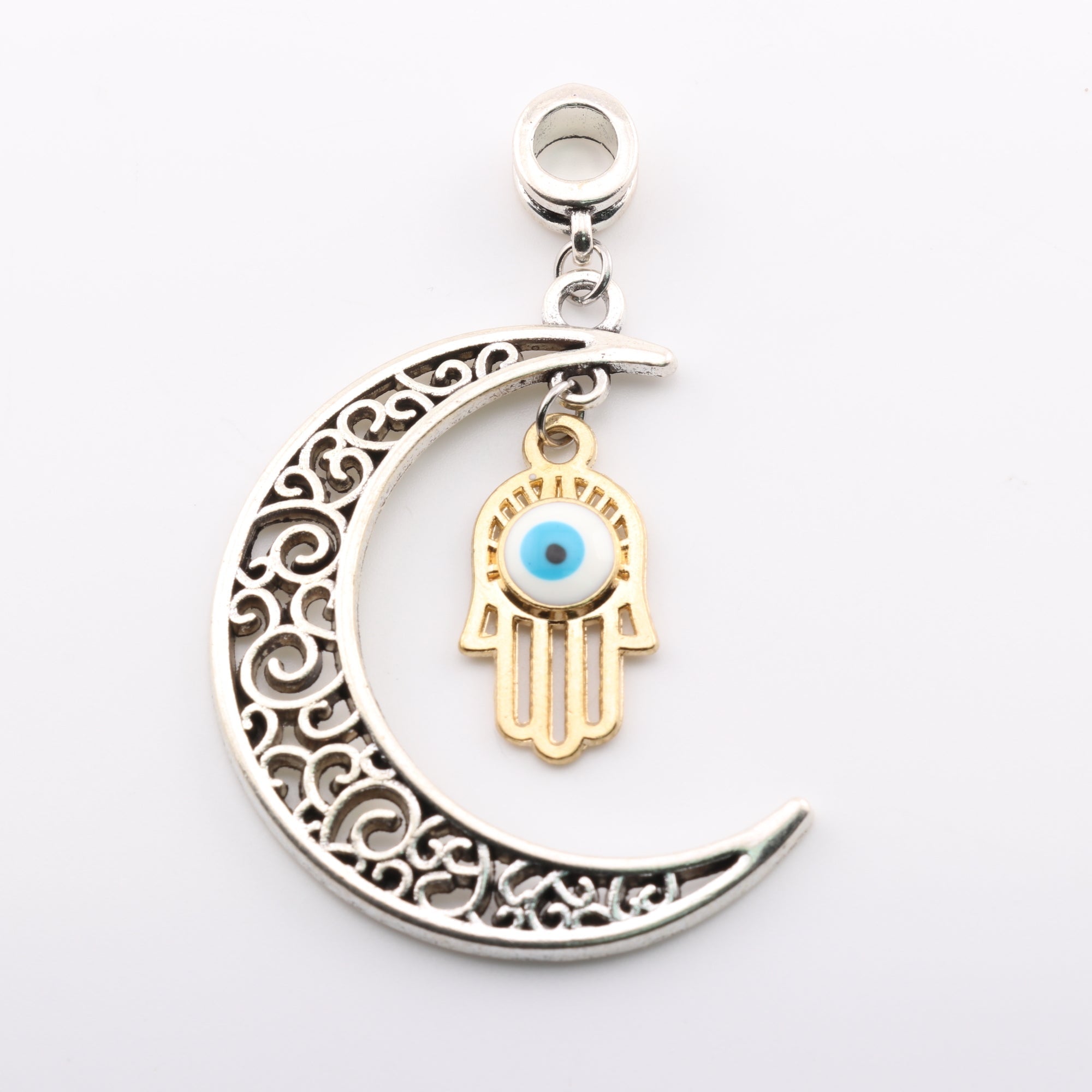 Moon Shaped Brass Pendant, Metal, with Hamsa Hand Alloy, with Evil Eye, Silver Color and Gold Color,  2" Inch, 5 Pieces in a Pack, #117