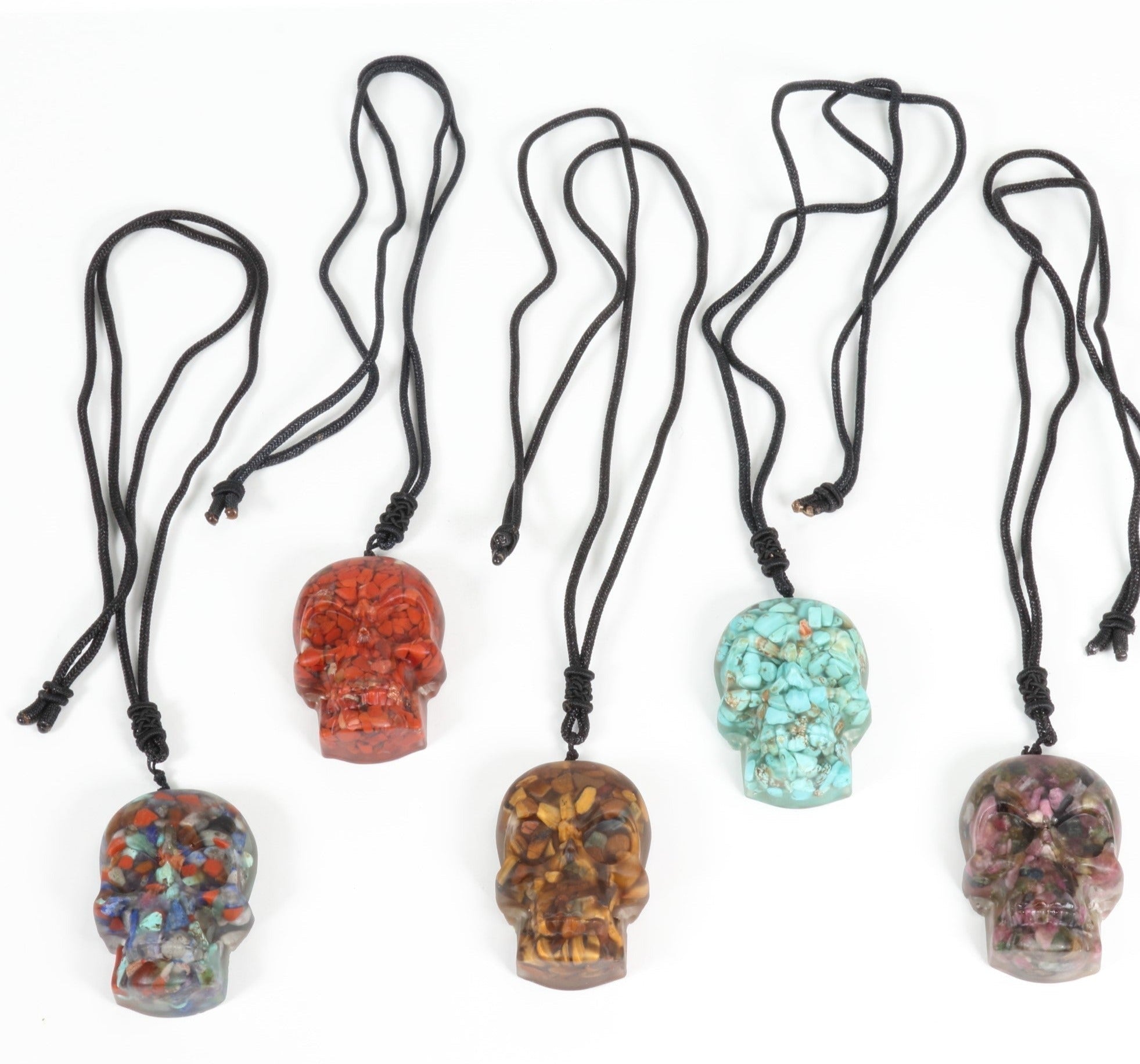 Skull Shaped Chip Stone Pendant Necklaces, with  Nylon Thread, 1.25" x 2.00" x 0.65" Inch, #019