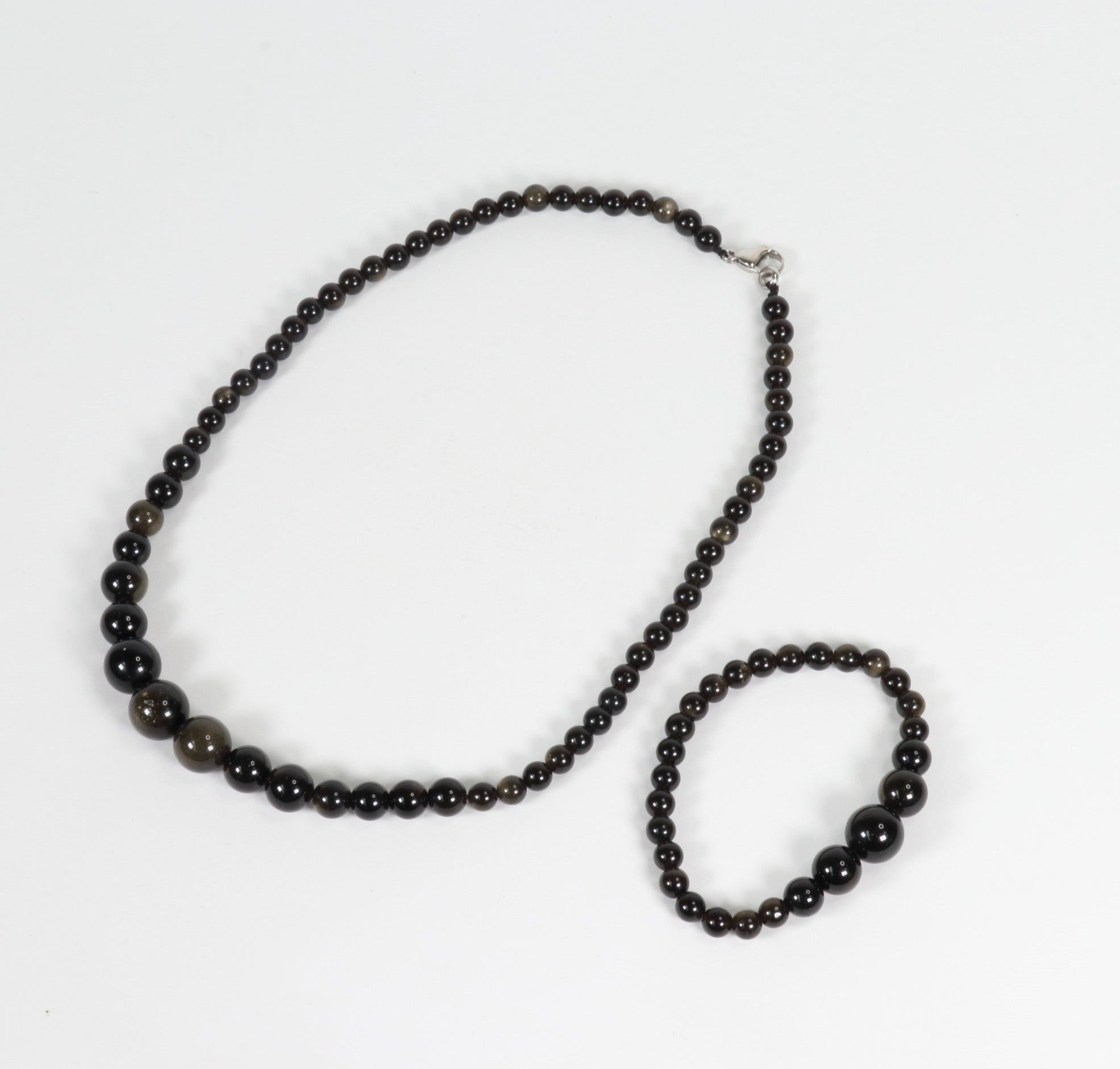 Natural Golden Sheen Obsidian Necklace and Bracelet Set, #012