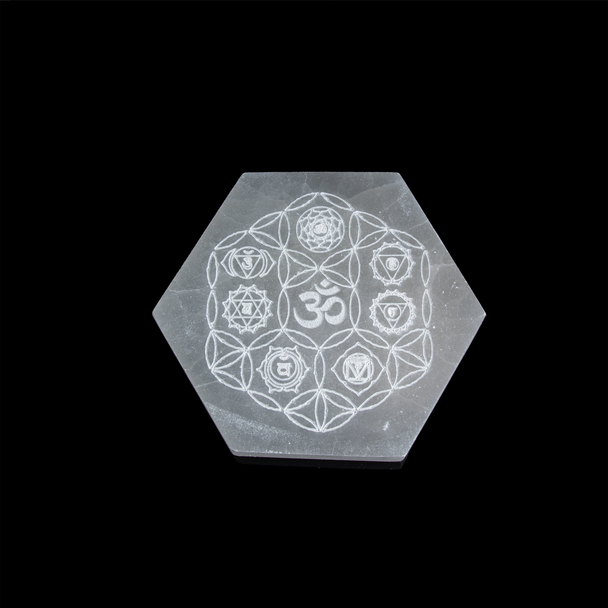 Selenite Engraved Hexagon Charging Plate, 4" Inch, #001