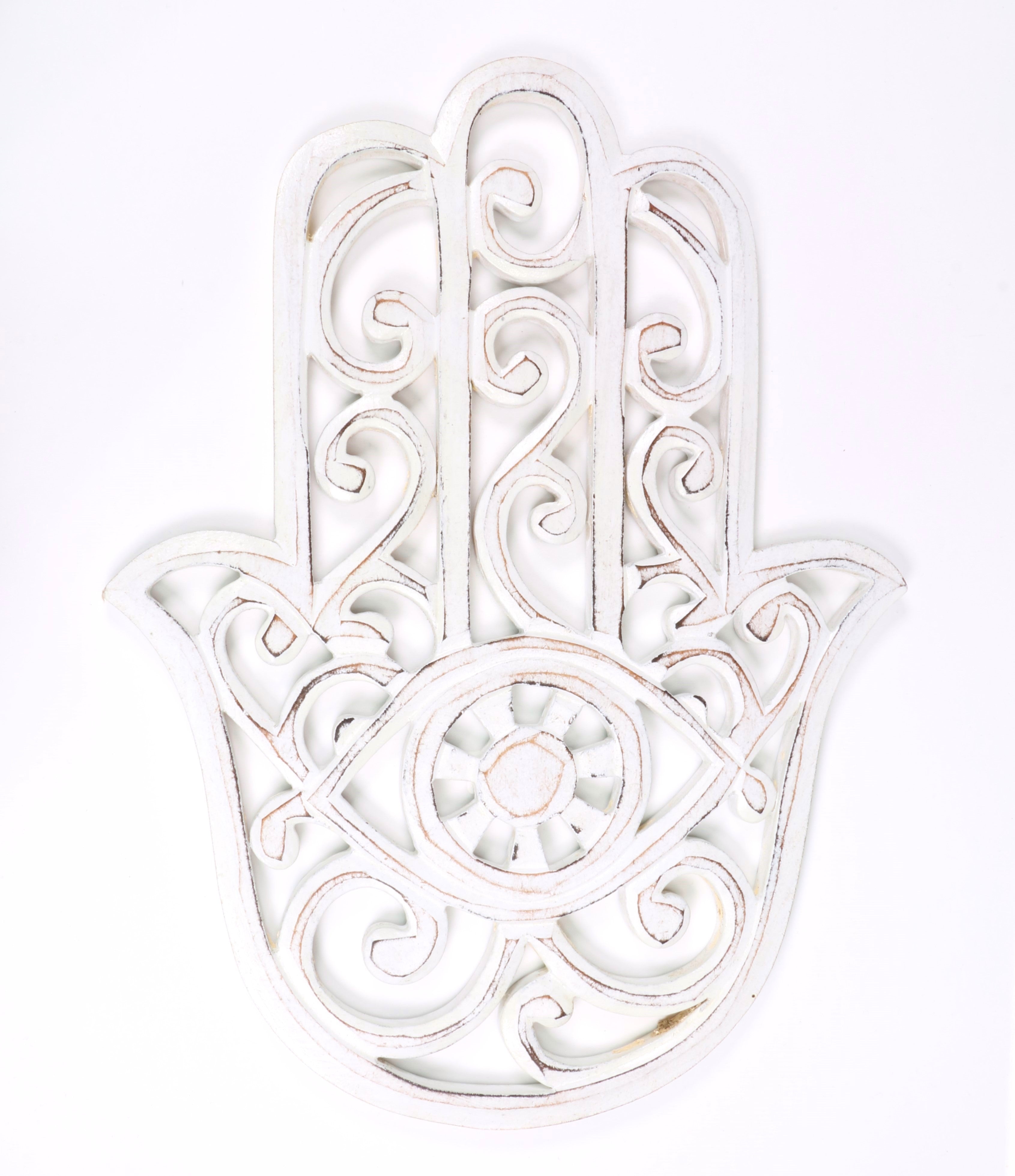 Wood Carved Hamsa Hand Plaque, White, 12" Inch, #011