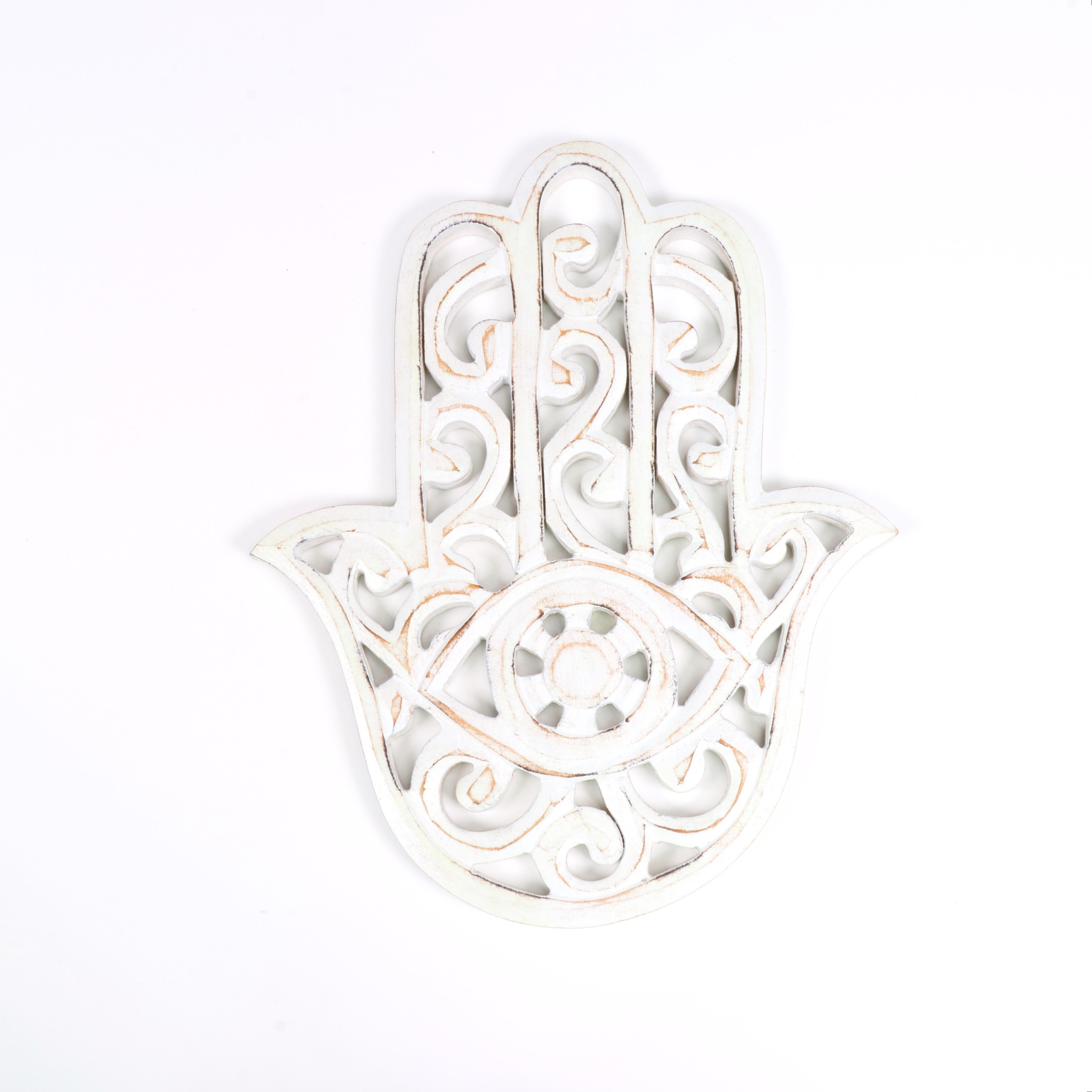 Wood Carved Hamsa Hand Plaque, White,  8" Inch, #012